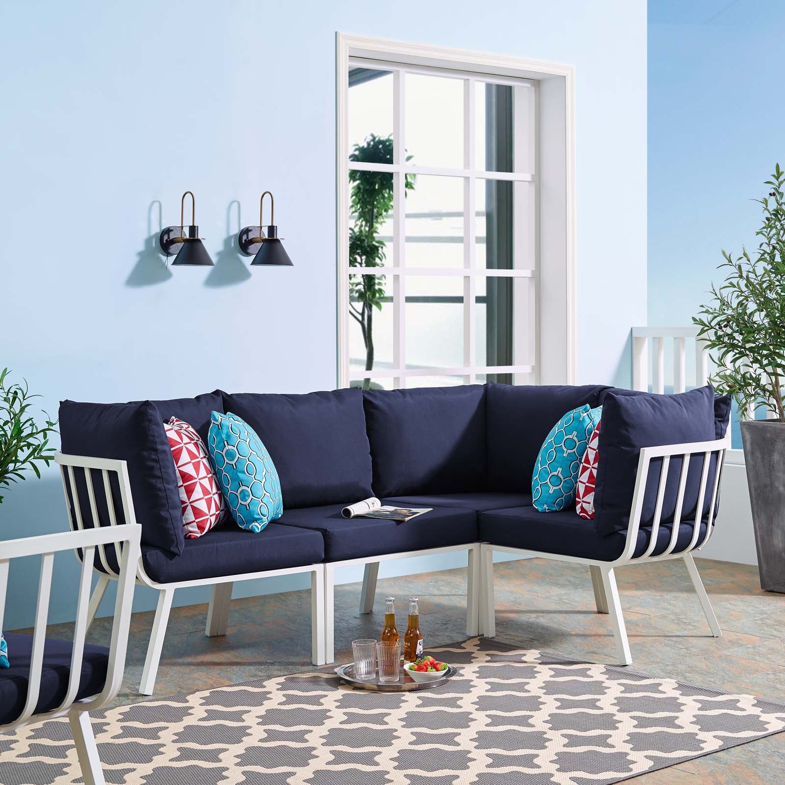 Modway Outdoor Conversation Sets - Riverside 4 Piece Outdoor Patio Aluminum Sectional White Navy