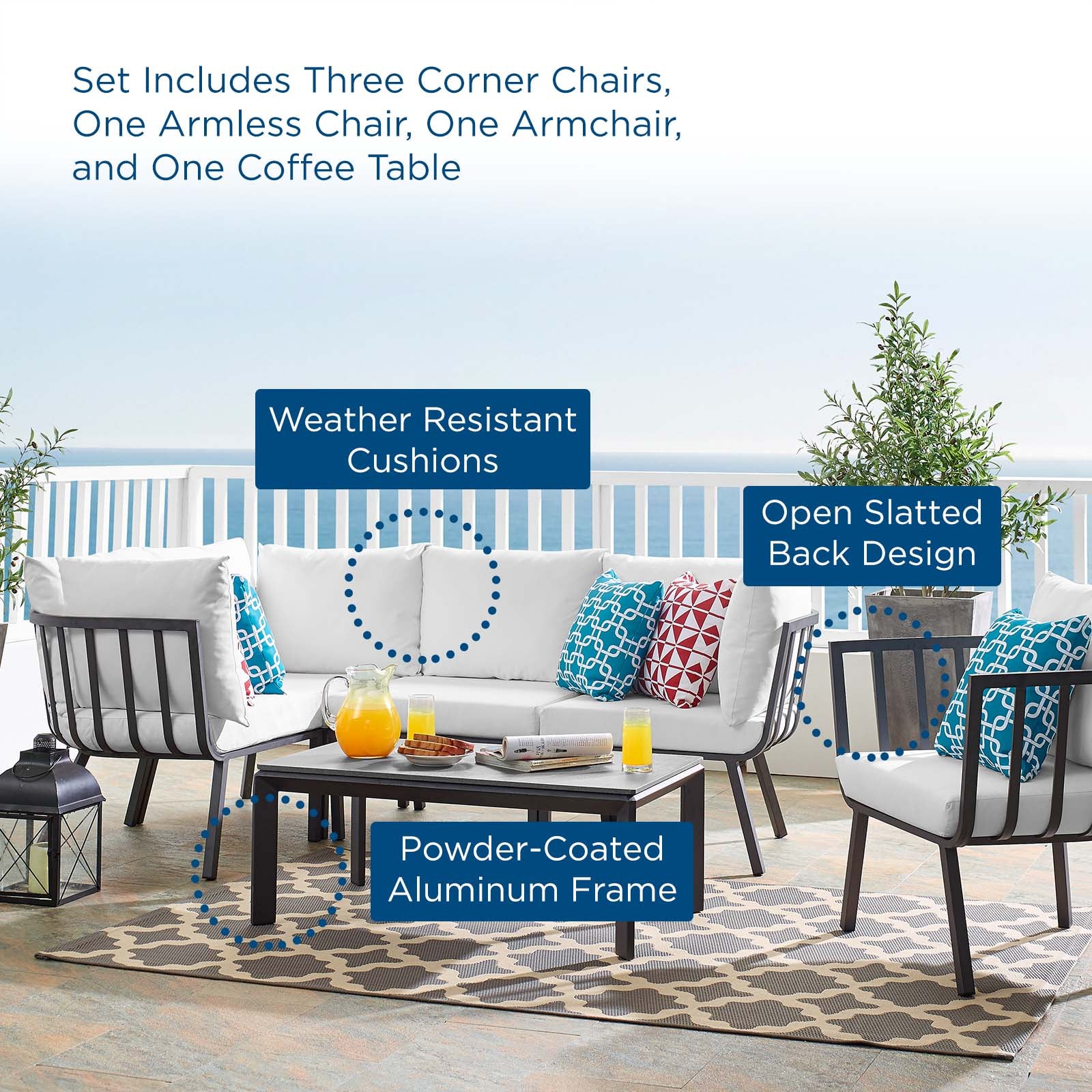 Modway Outdoor Conversation Sets - Riverside 6 Piece Outdoor Conversation Aluminum Set Gray White