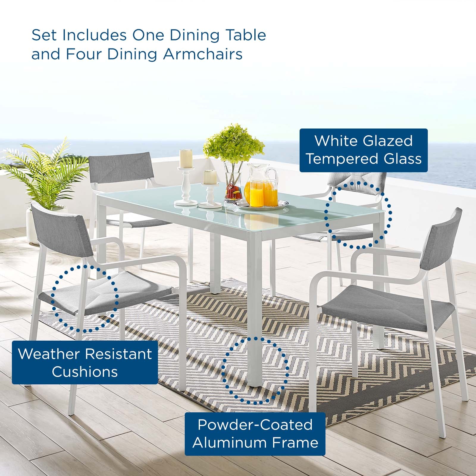 Modway Outdoor Dining Sets - Raleigh 5 Piece Outdoor Patio Aluminum Dining Set White Gray