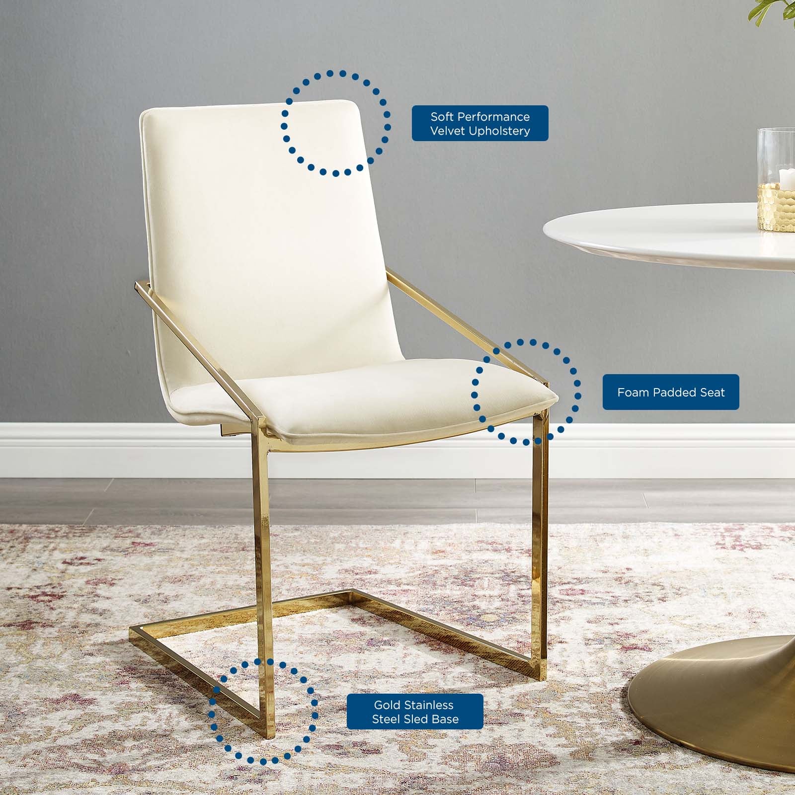 Modway Dining Chairs - Pitch Performance Velvet Dining Armchair Gold Ivory