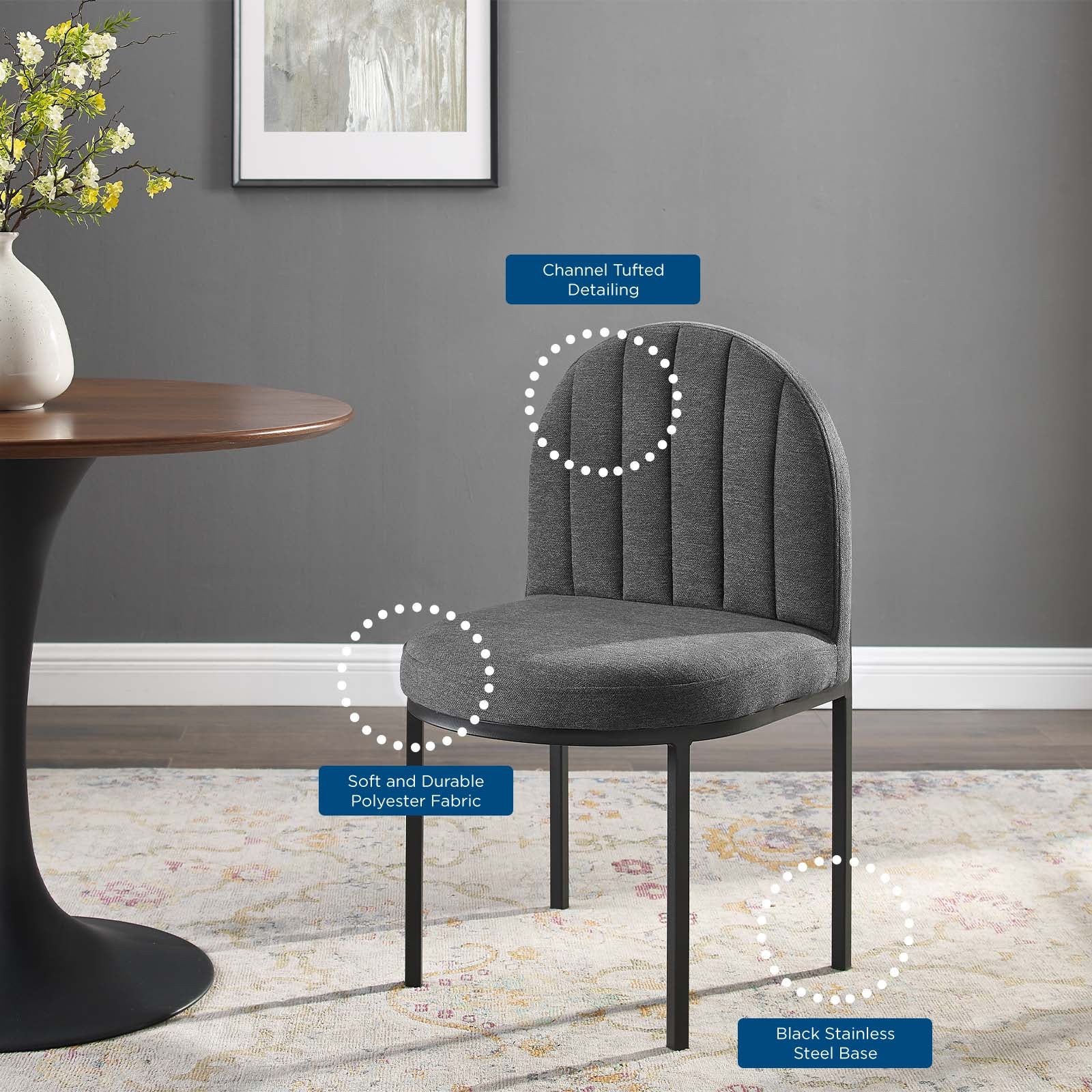 Modway Dining Chairs - Isla Channel Tufted Upholstered Fabric Dining Side Chair Black Charcoal