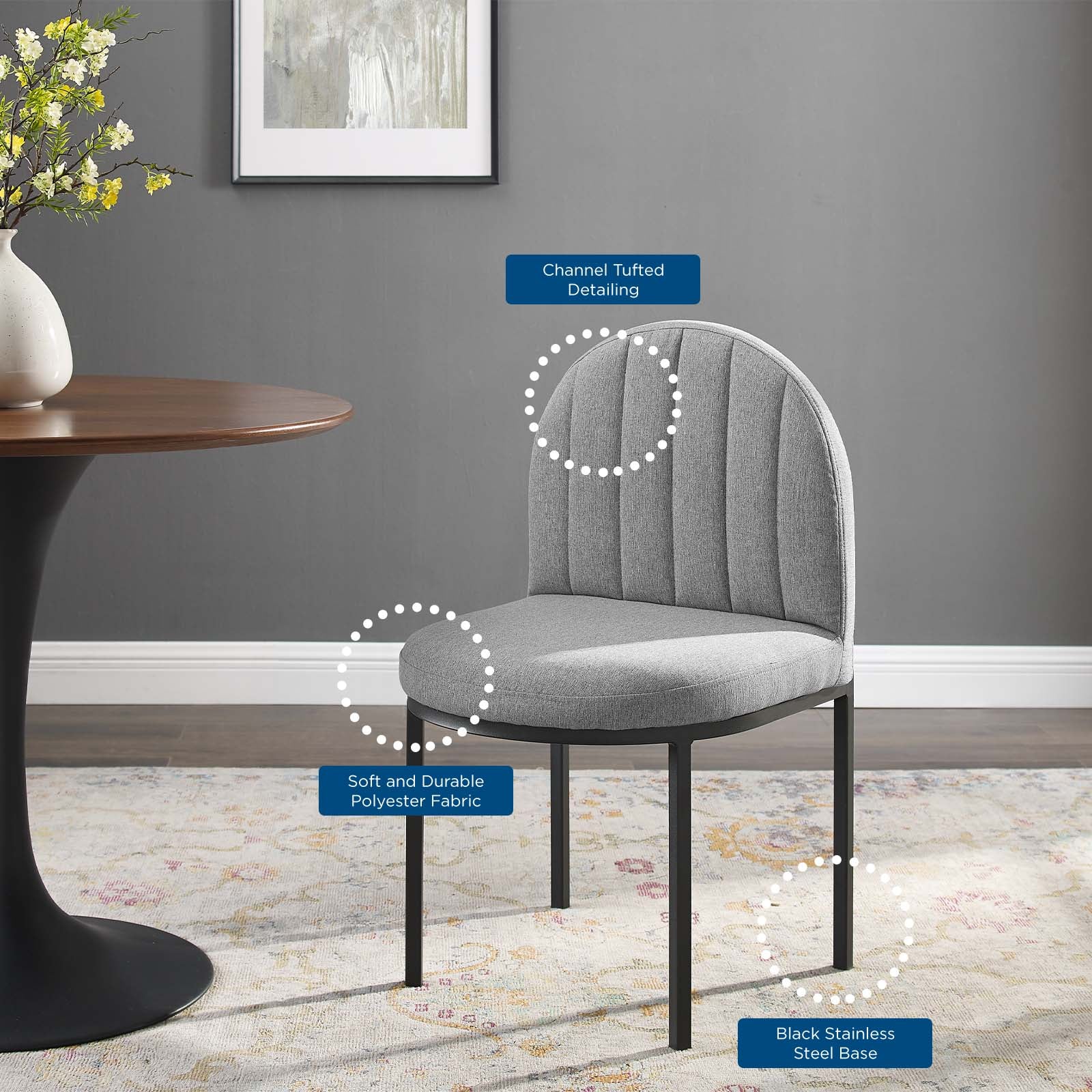 Modway Dining Chairs - Isla Channel Tufted Upholstered Fabric Dining Side Chair Black Light Gray