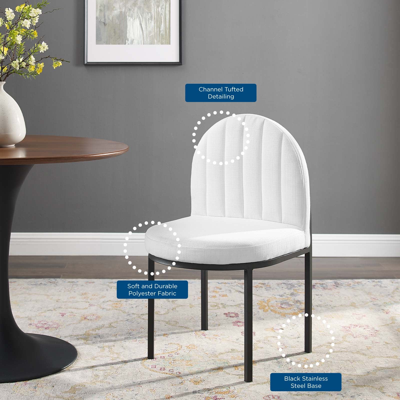 Modway Dining Chairs - Isla Channel Tufted Upholstered Fabric Dining Side Chair Black White