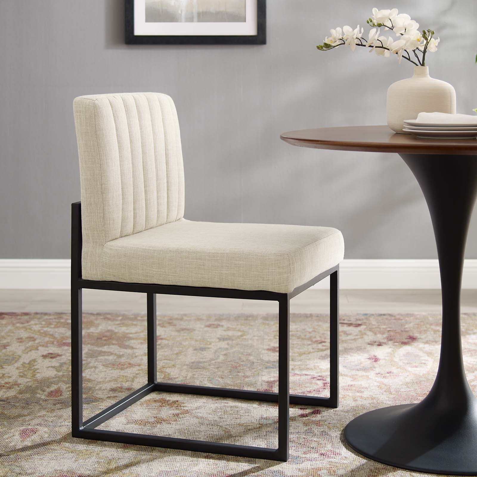 Modway Dining Chairs - Carriage Channel Tufted Sled Base Upholstered Fabric Dining Chair Black Beige