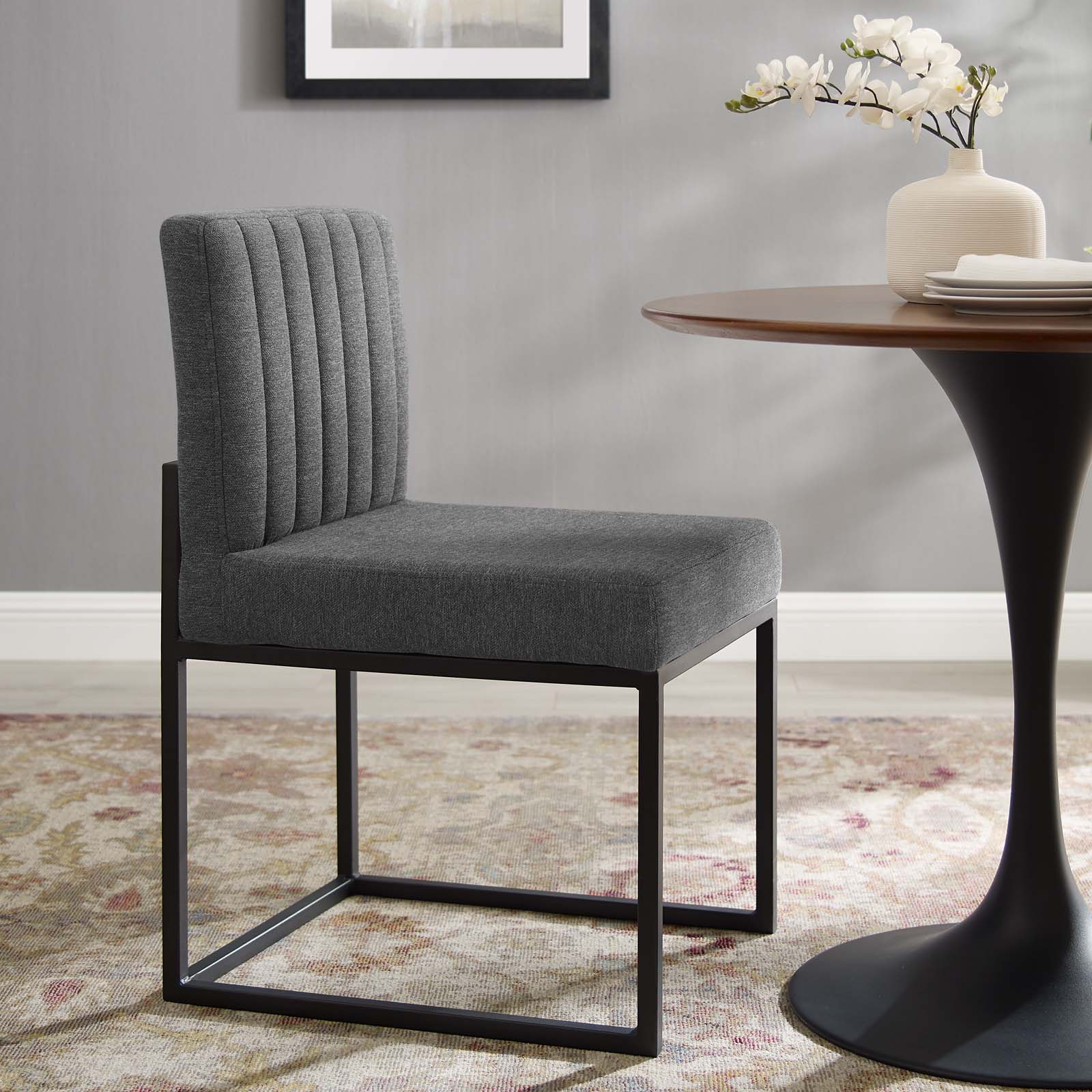 Modway Dining Chairs - Carriage Channel Tufted Sled Base Upholstered Fabric Dining Chair Black Charcoal