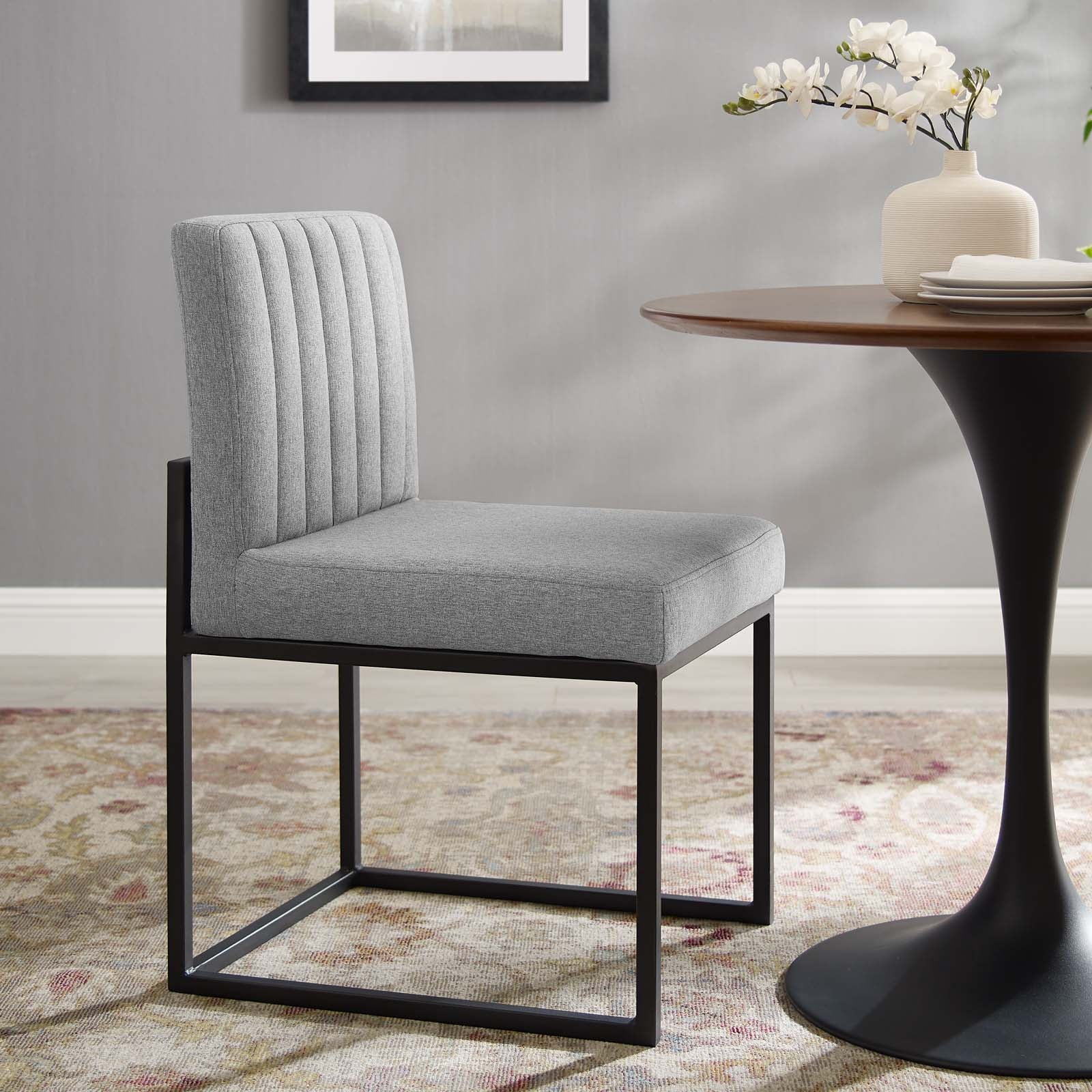 Modway Dining Chairs - Carriage Channel Tufted Sled Base Upholstered Fabric Dining Chair Black Light Gray