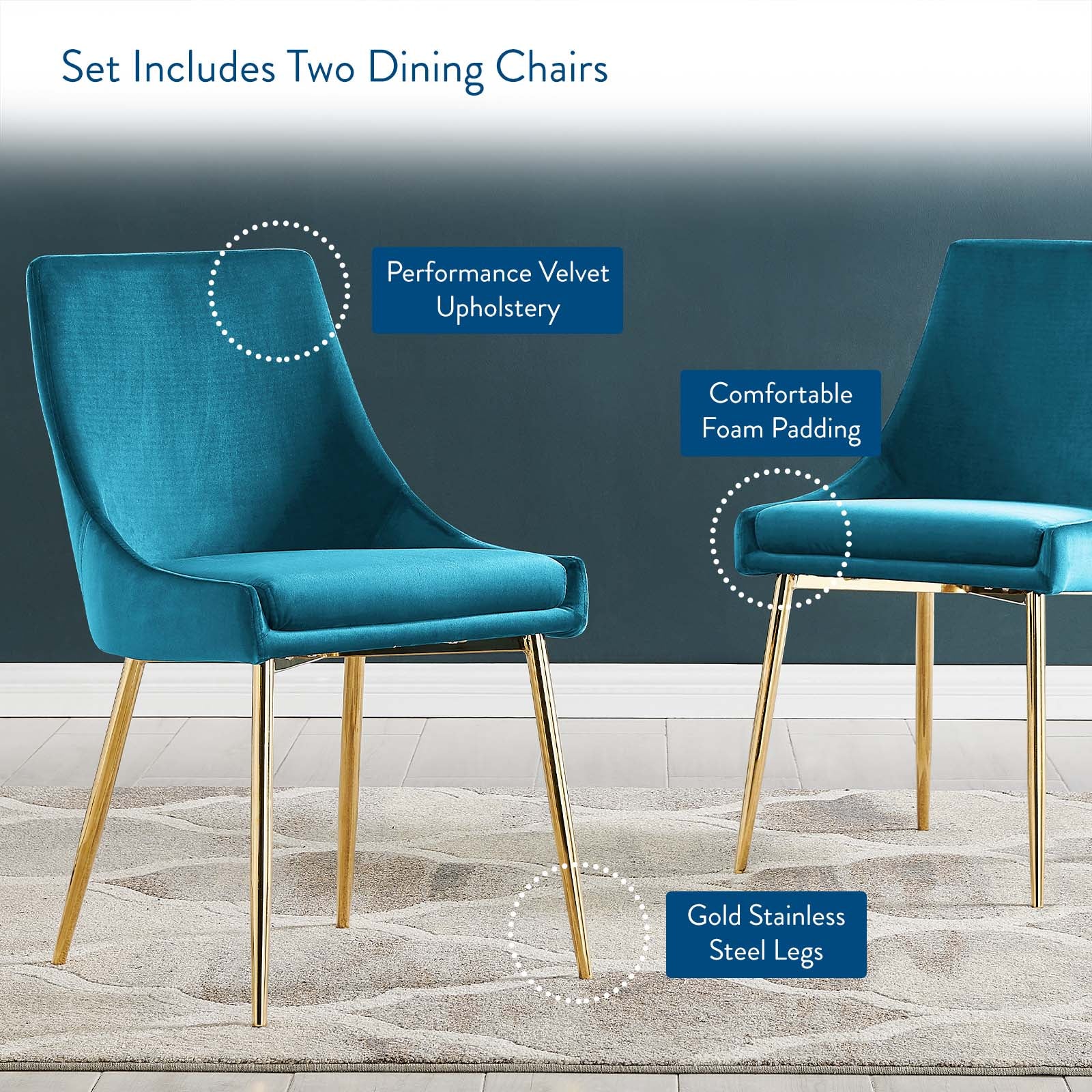 Viscount Performance Velvet Dining Chairs - Set of 2 Gold Blue