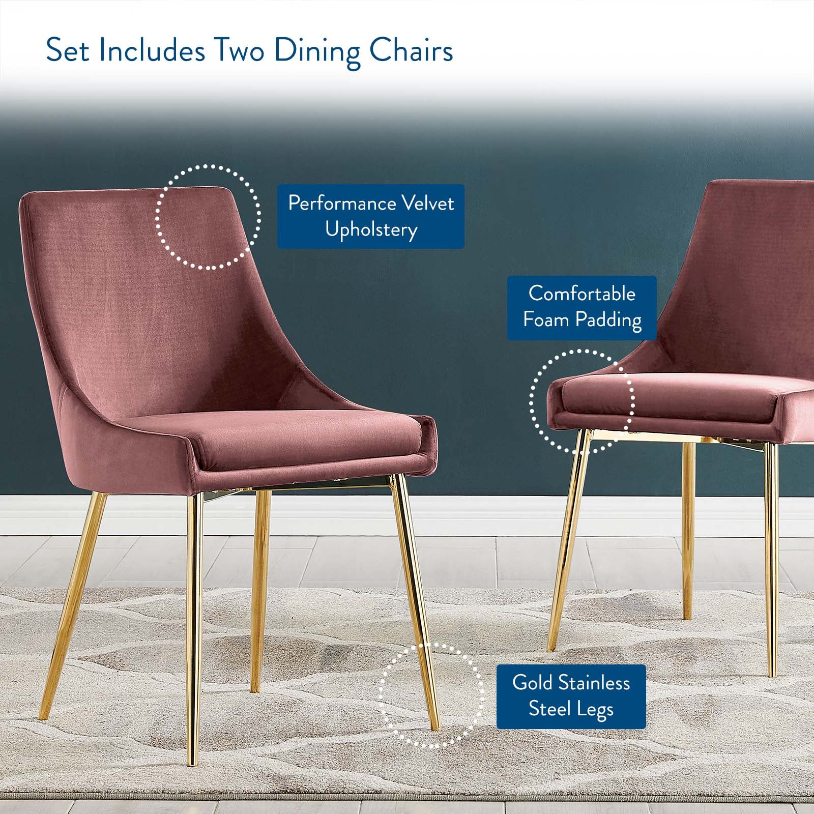 Modway Dining Chairs - Viscount Performance Velvet Dining Chairs - Set of 2 Gold Dusty Rose