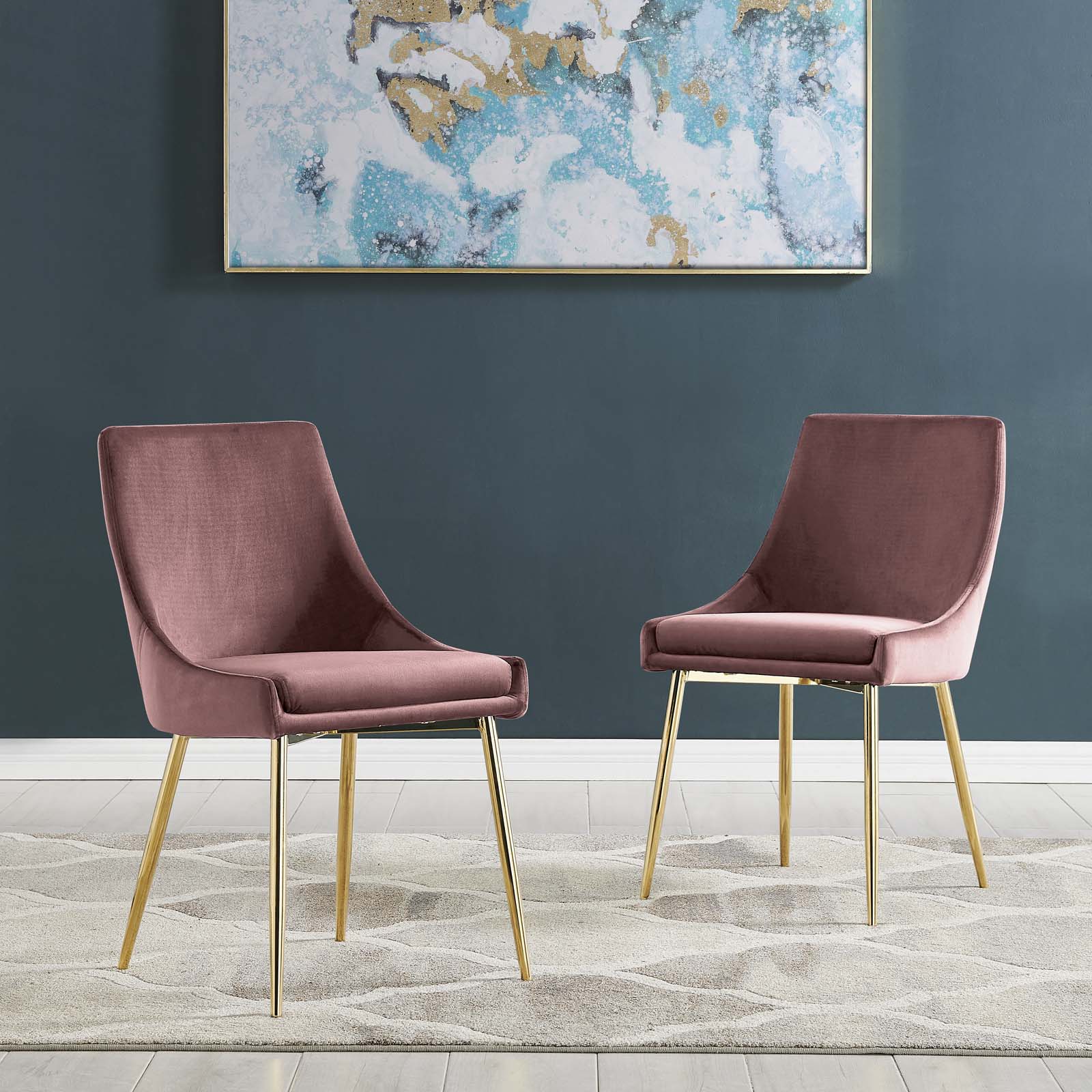 Modway Dining Chairs - Viscount Performance Velvet Dining Chairs - Set of 2 Gold Dusty Rose