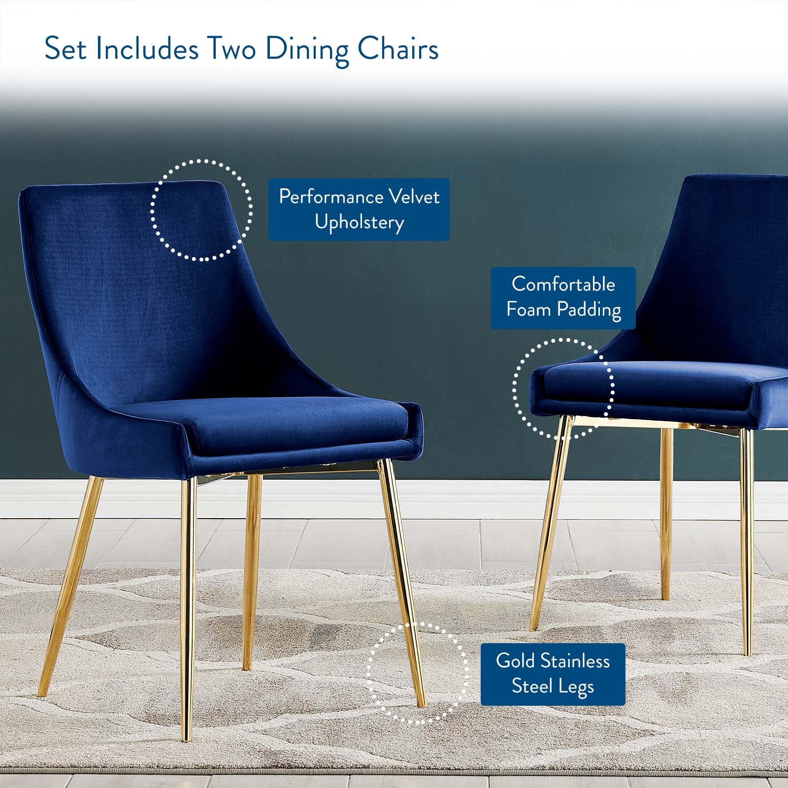 Viscount Performance Velvet Dining Chairs - Set of 2 Gold Navy