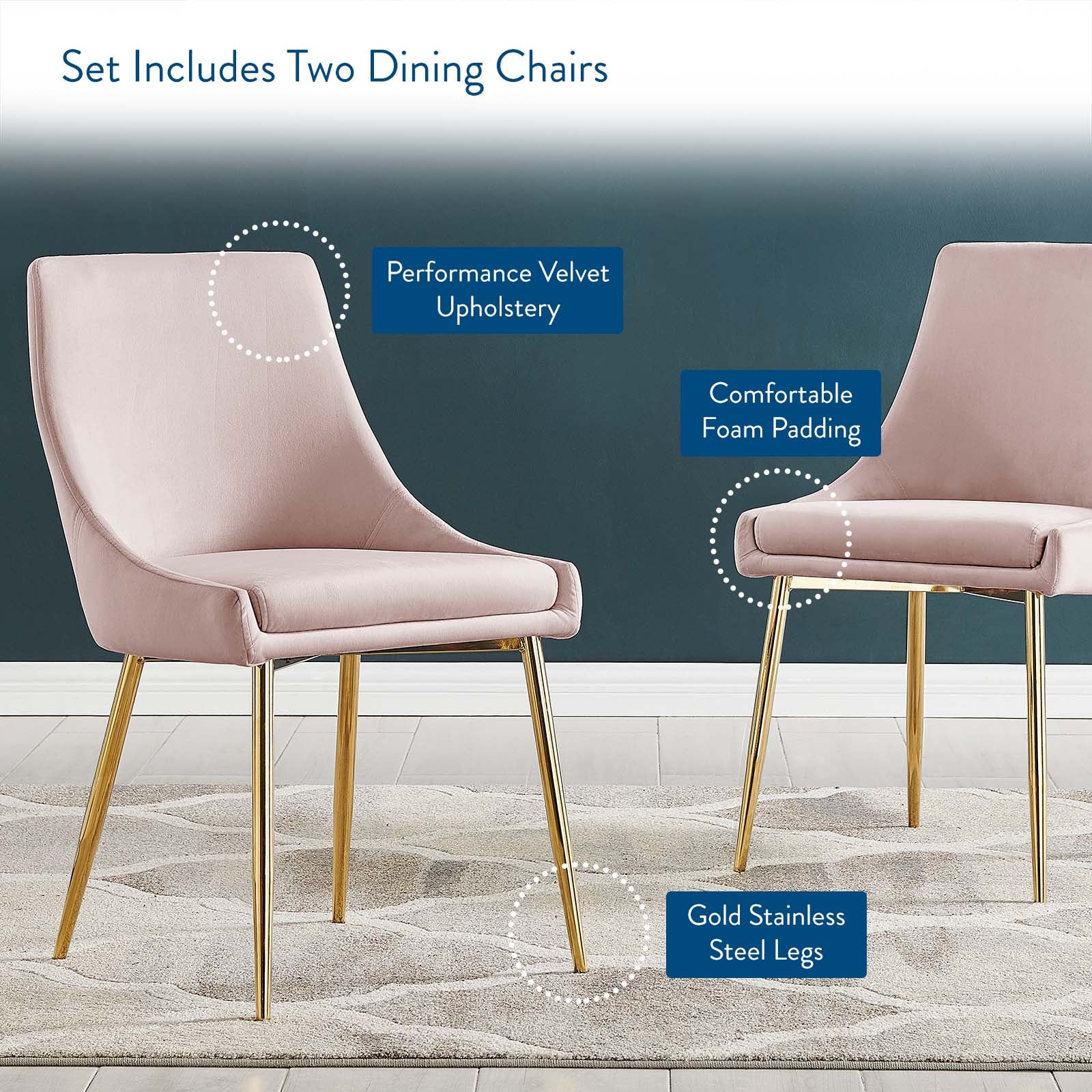 Modway Dining Chairs - Viscount Performance Velvet Dining Chairs - Set of 2 Gold Pink