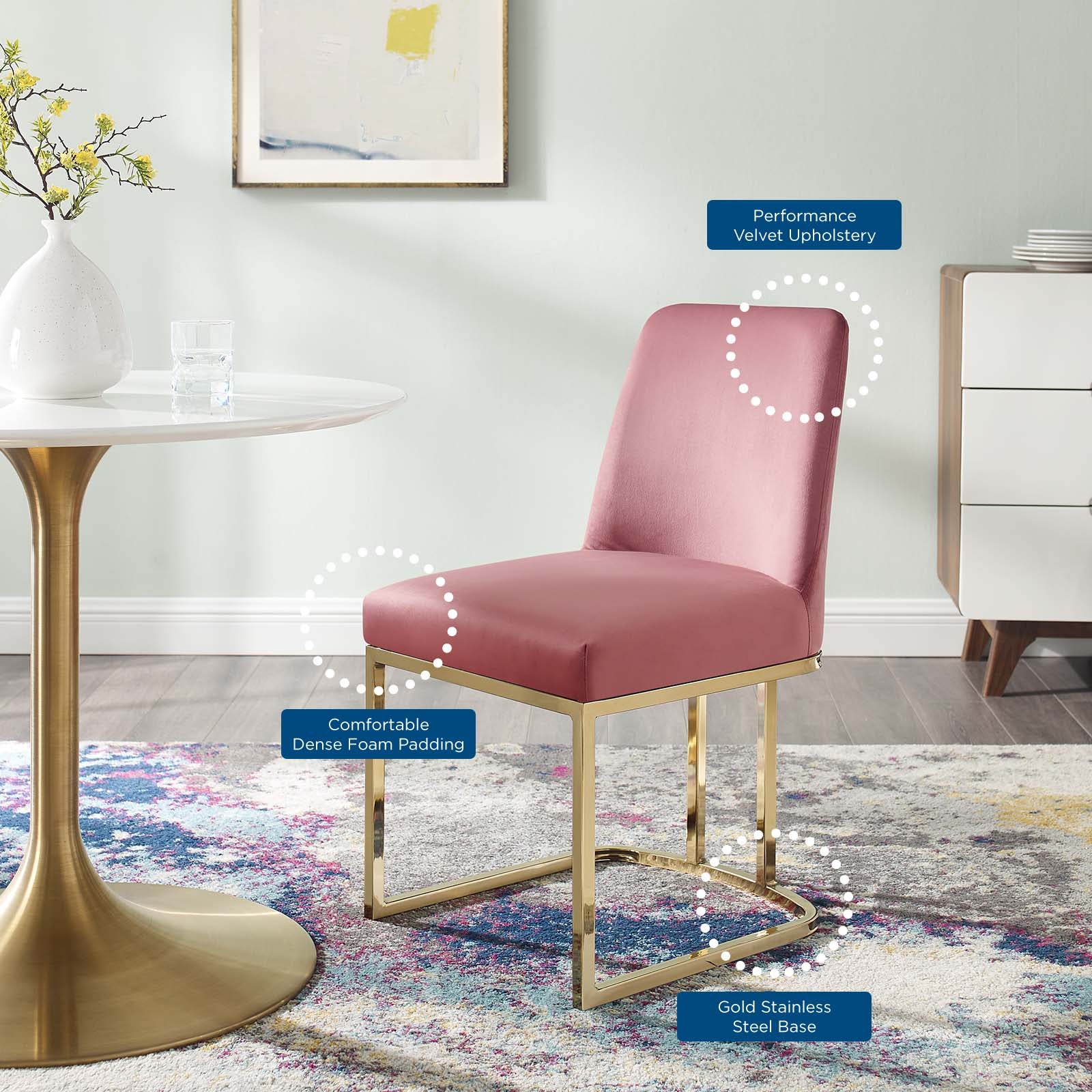 Modway Dining Chairs - Amplify Sled Base Performance Velvet Dining Side Chair Gold Dusty Rose