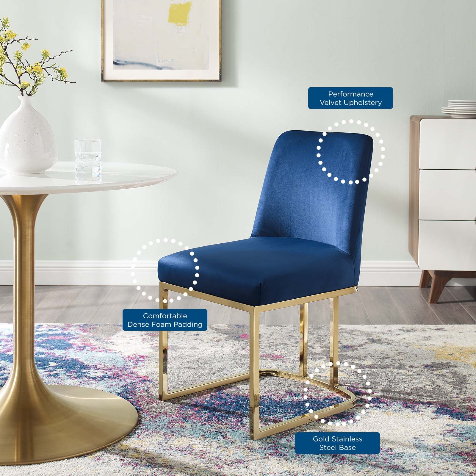 Modway Dining Chairs - Amplify Sled Base Performance Velvet Dining Side Chair Gold Navy