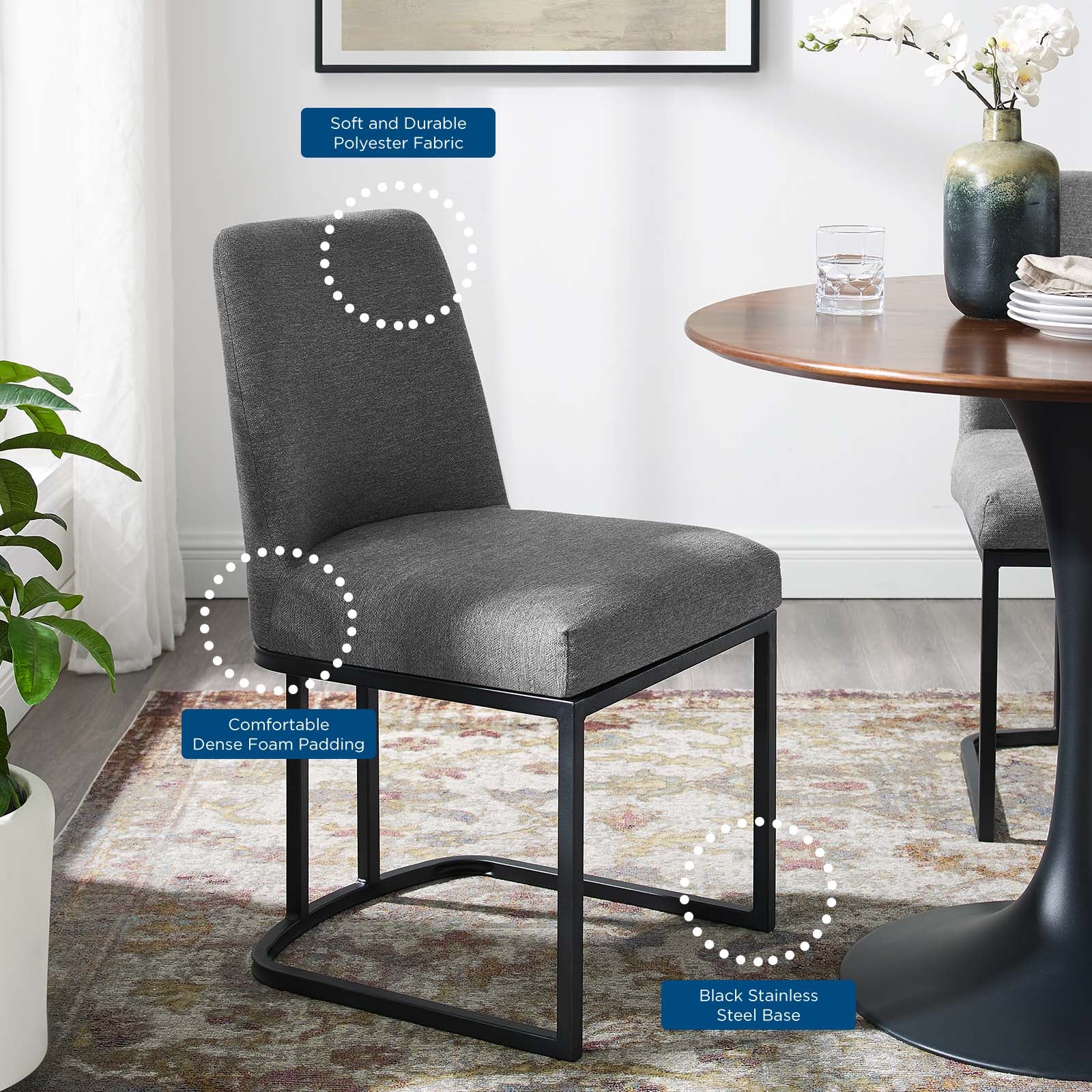 Modway Dining Chairs - Amplify Sled Base Upholstered Fabric Dining Side Chair Black Charcoal