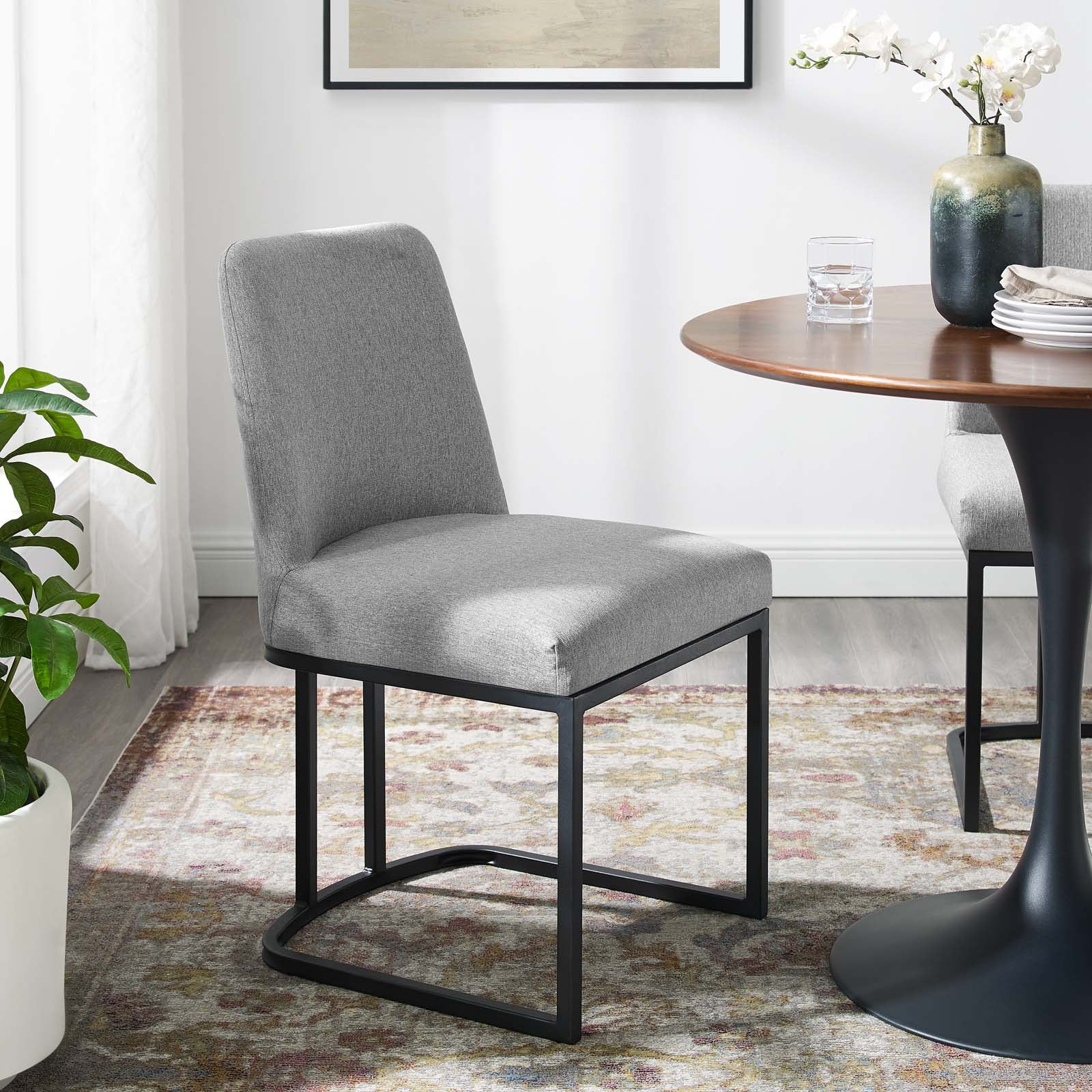 Modway Dining Chairs - Amplify Sled Base Upholstered Fabric Dining Side Chair Black Light Gray