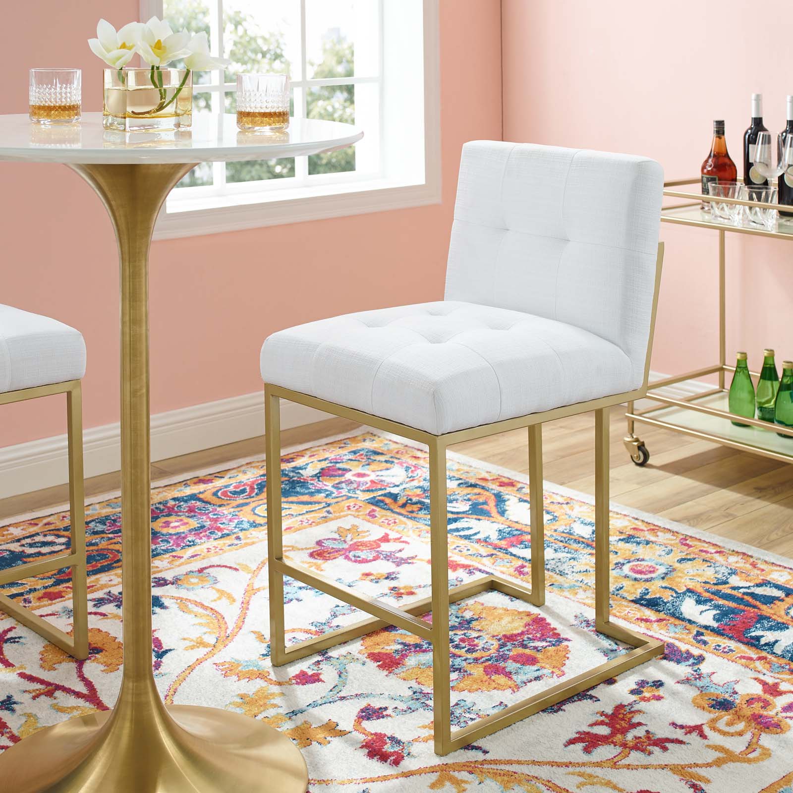 Modway Barstools - Privy Gold Stainless Steel Upholstered Fabric Counter Stool Gold White
