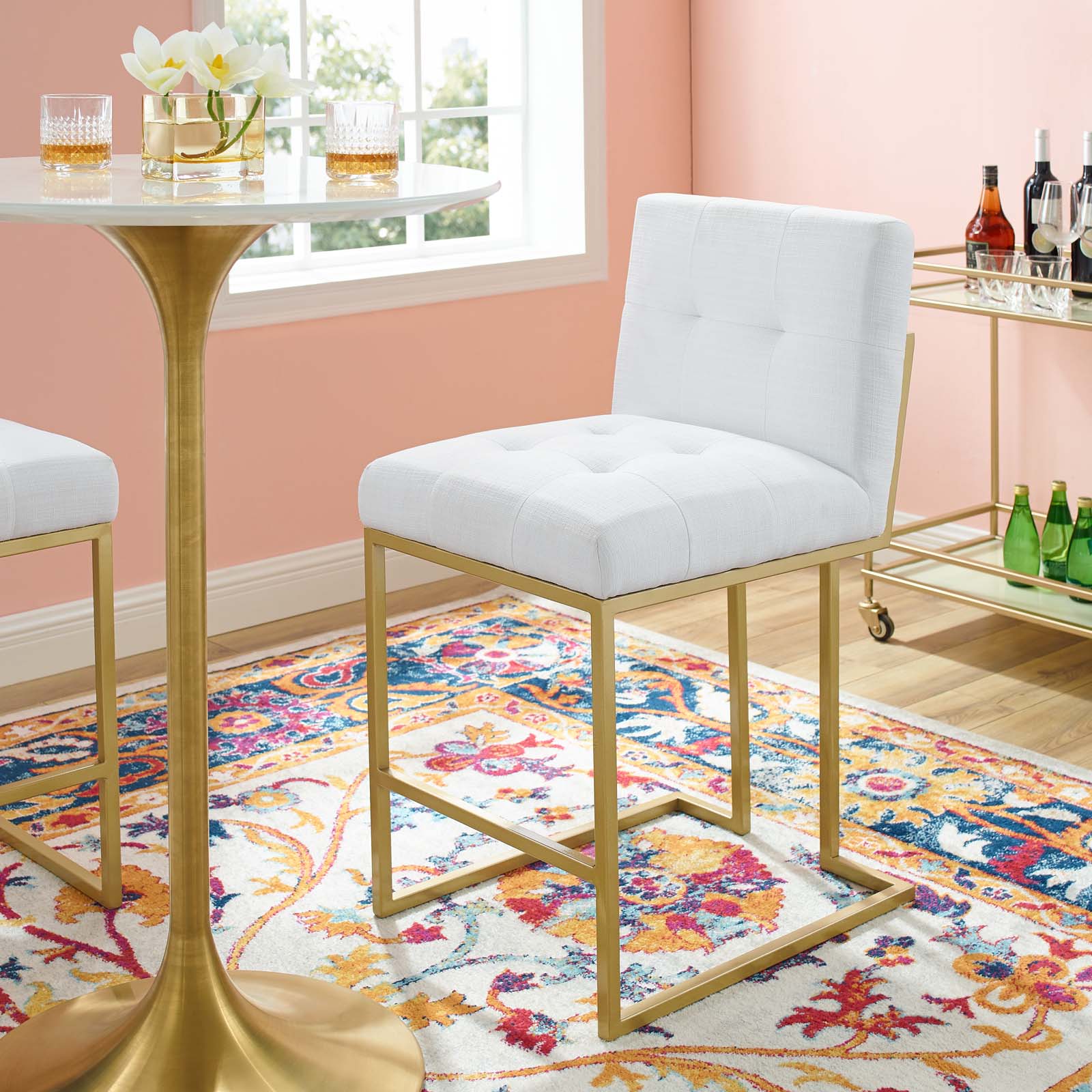 Modway Barstools - Privy Gold Stainless Steel Upholstered Fabric Counter Stool Gold White