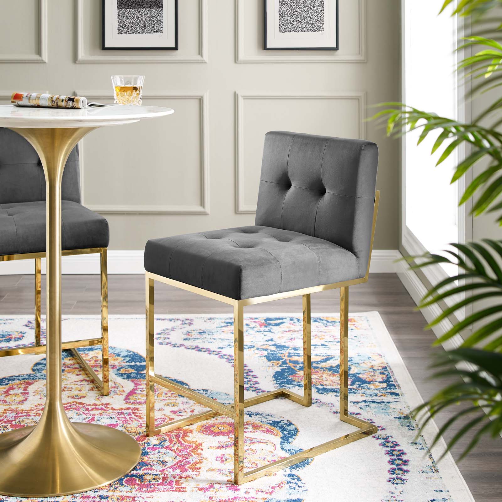 Privy Gold Stainless Steel Performance Velvet Counter Stool Gold Charcoal
