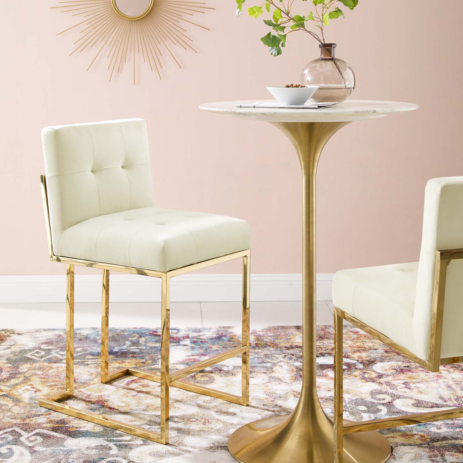 Modway Barstools - Privy Gold Stainless Steel Performance Velvet Counter Stool Gold Ivory