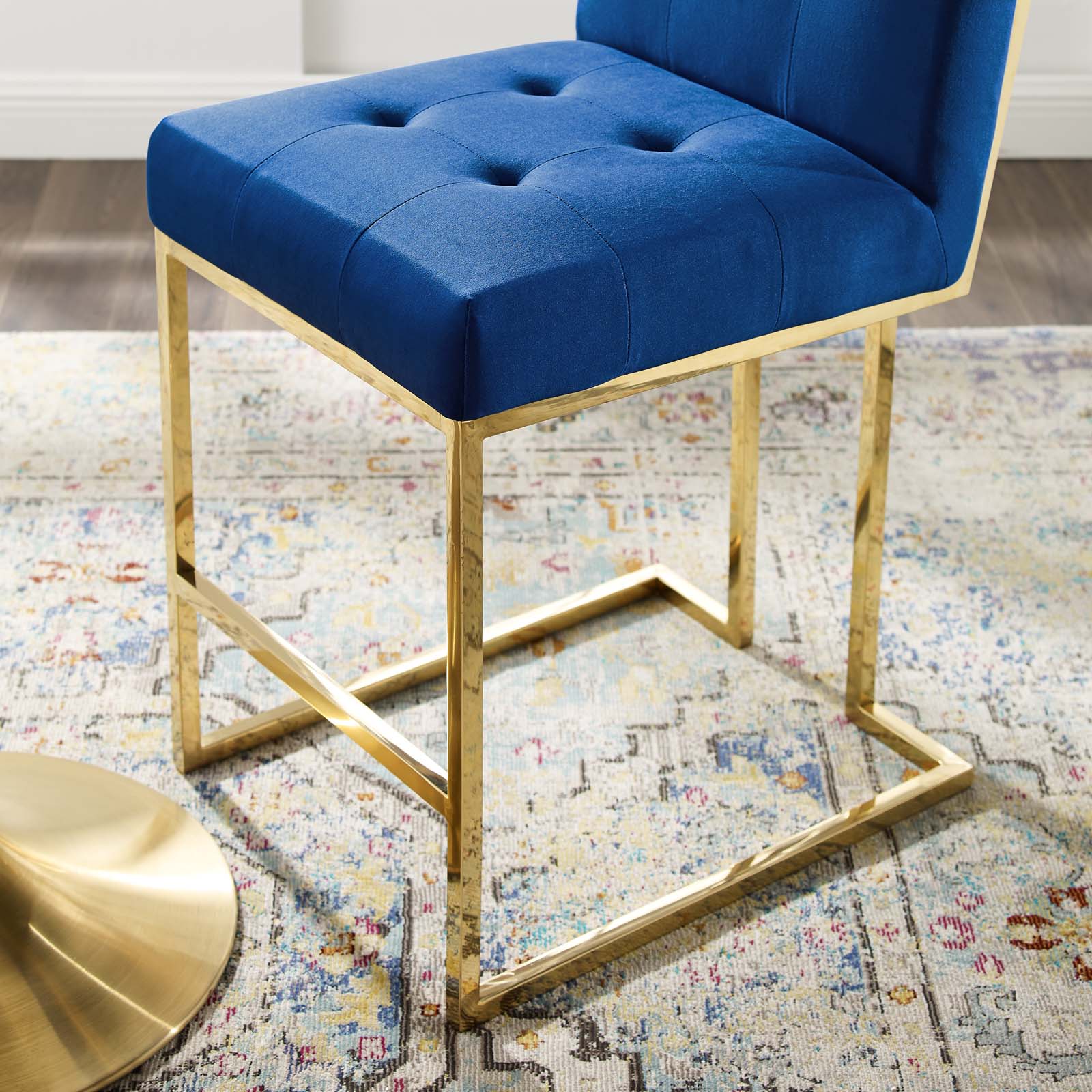 Modway Barstools - Privy Gold Stainless Steel Performance Velvet Counter Stool Gold Navy