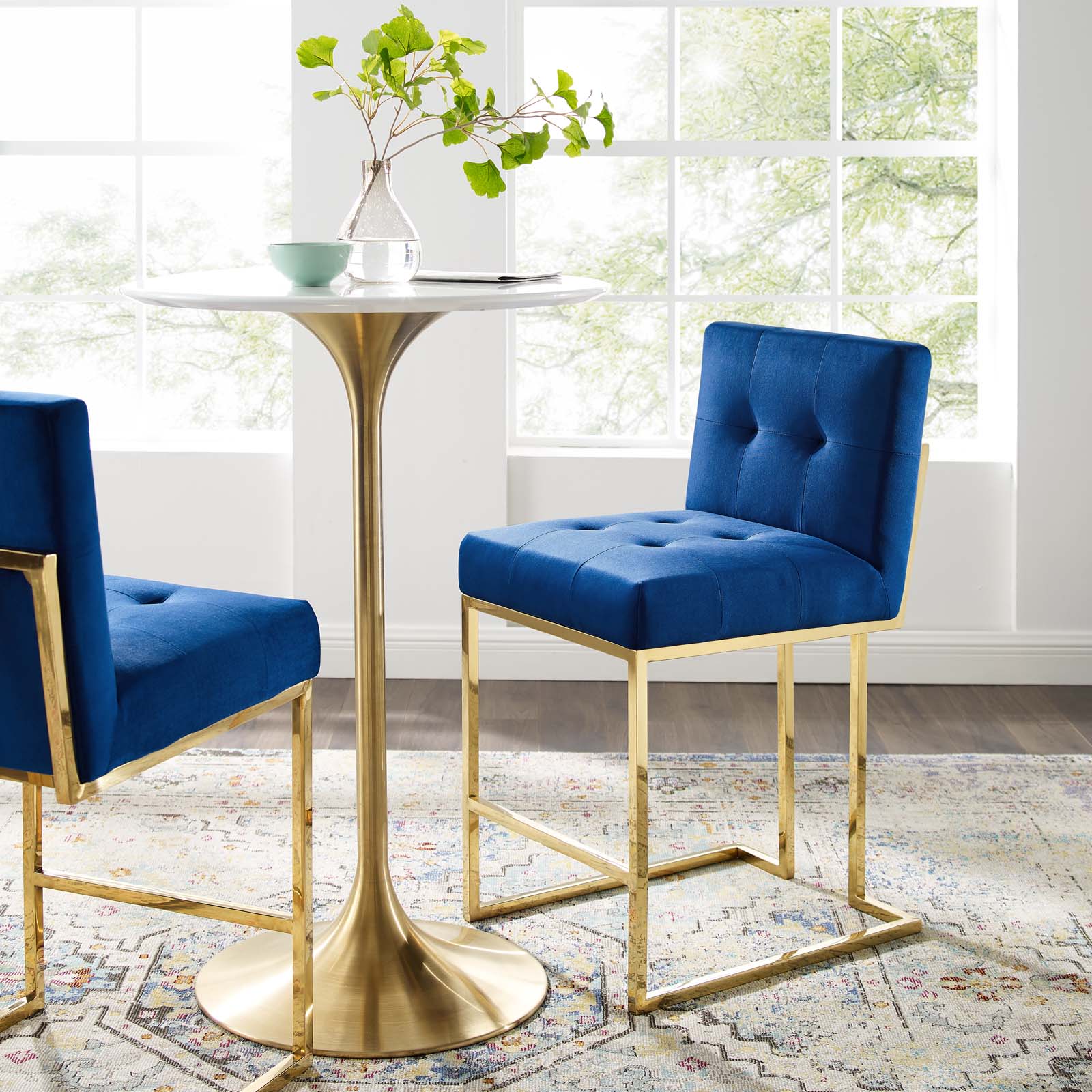 Modway Barstools - Privy Gold Stainless Steel Performance Velvet Counter Stool Gold Navy