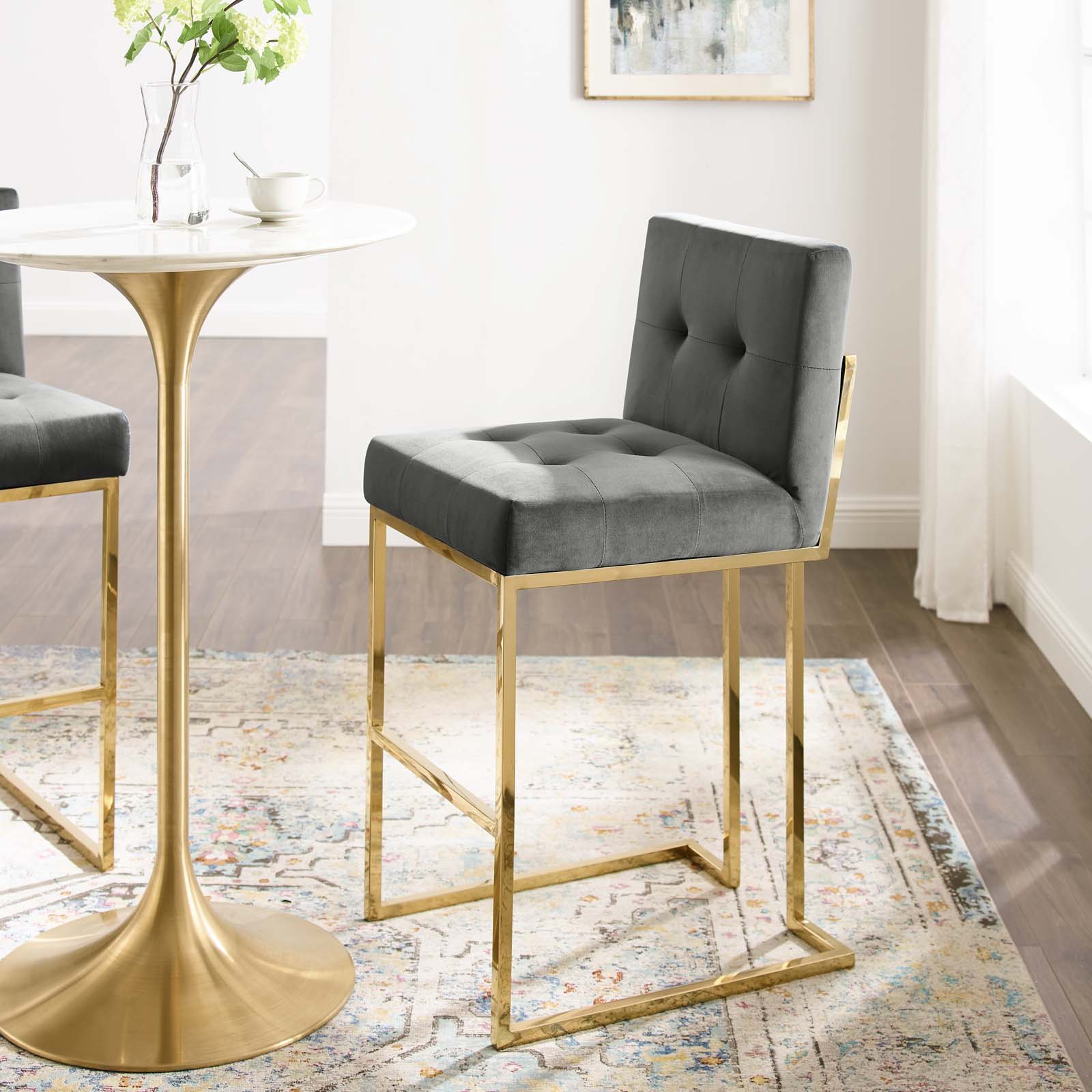 Modway Barstools - Privy Gold Stainless Steel Performance Velvet Bar Stool Gold Charcoal