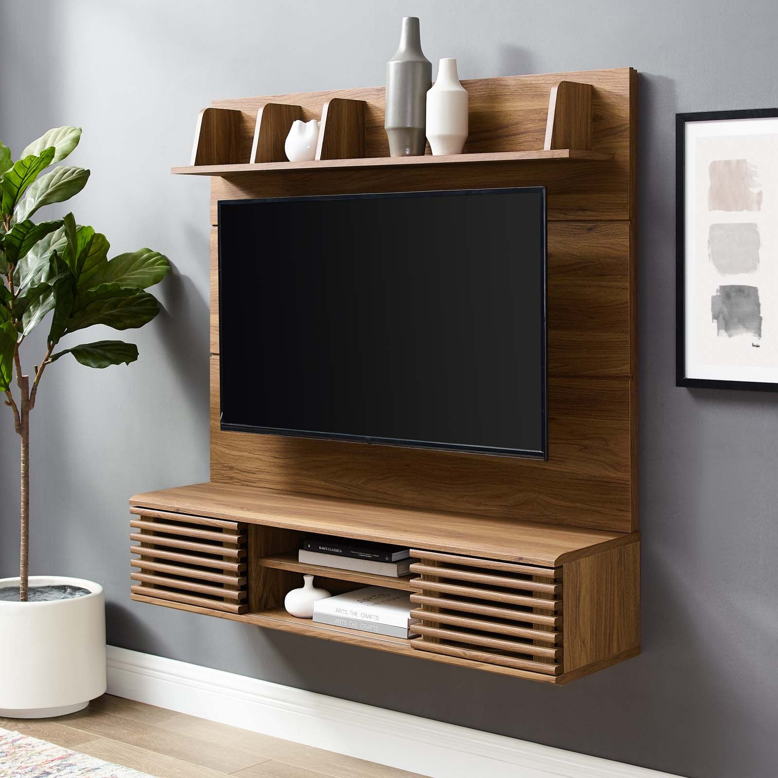 Modway TV & Media Units - Render Wall Mounted TV Stand Entertainment Center Walnut