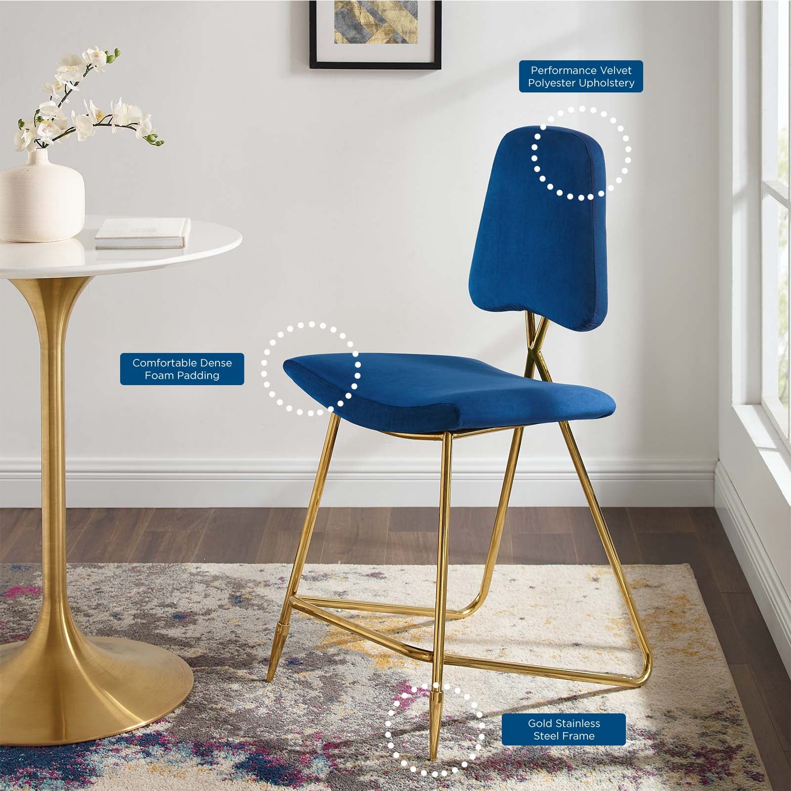 Modway Barstools - Ponder Performance Velvet Counter Stool Navy