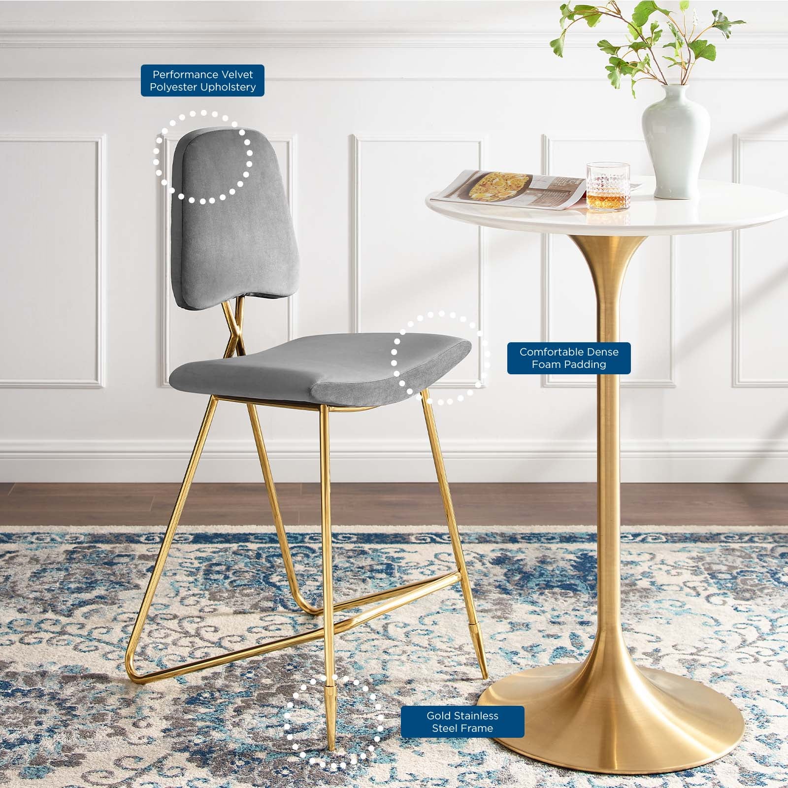 Ponder Performance Velvet Bar Stool in Gray