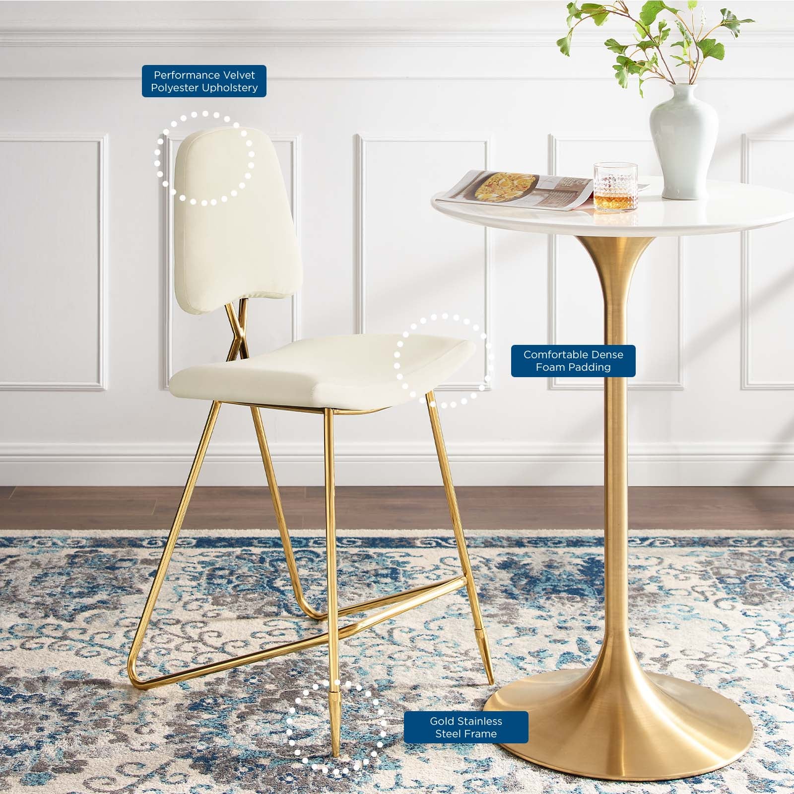 Ponder Performance Velvet Bar Stool Ivory