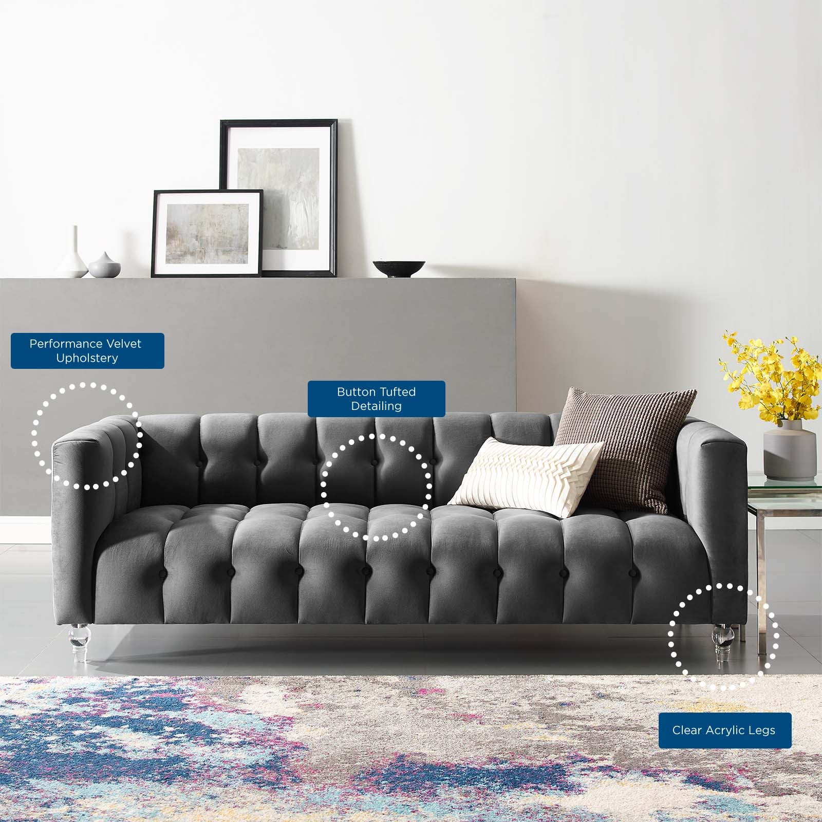 Modway Sofas & Couches - Mesmer Channel Tufted Button Performance Velvet Sofa Charcoal