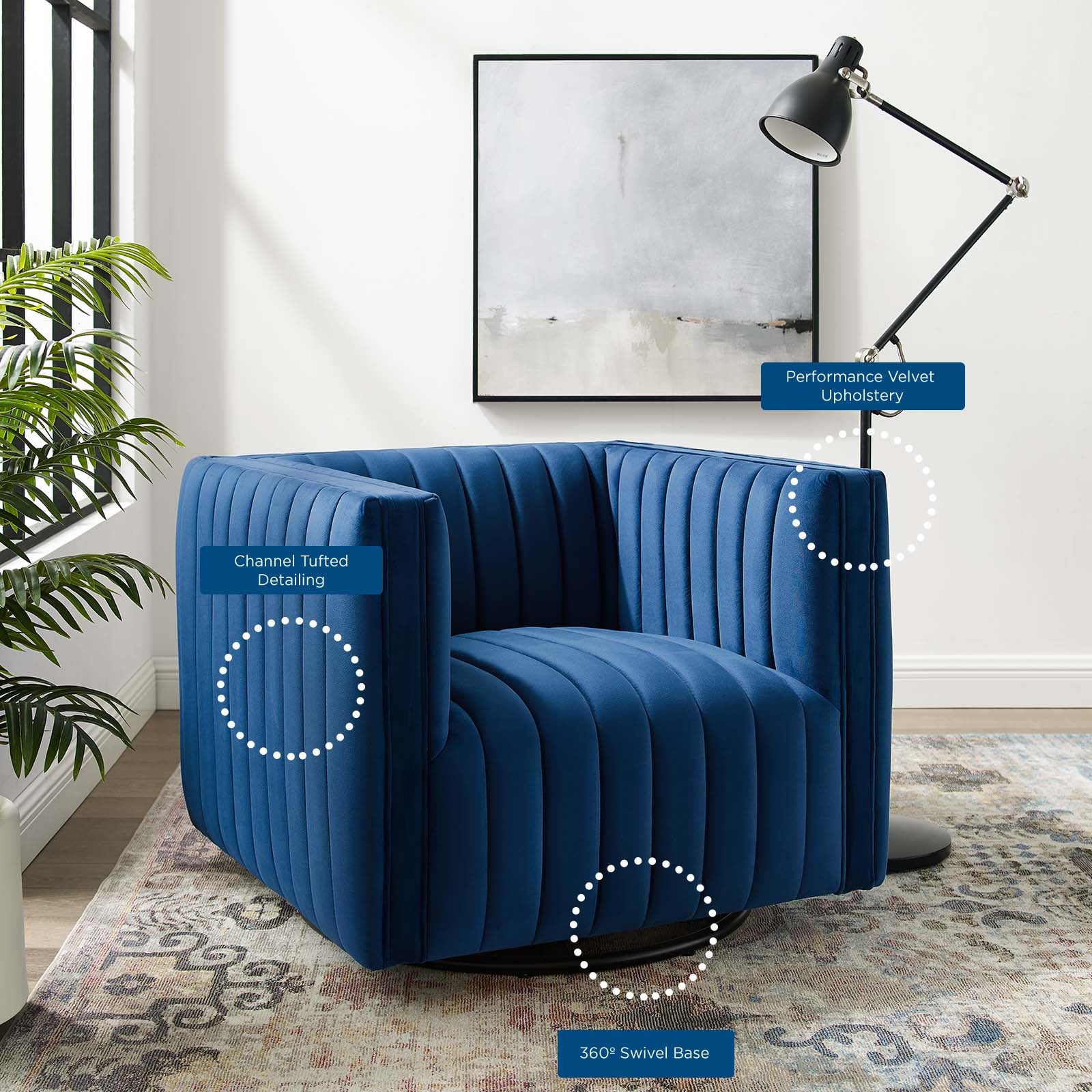 Modway Accent Chairs - Conjure Channel Tufted Performance Velvet Swivel Armchair Navy