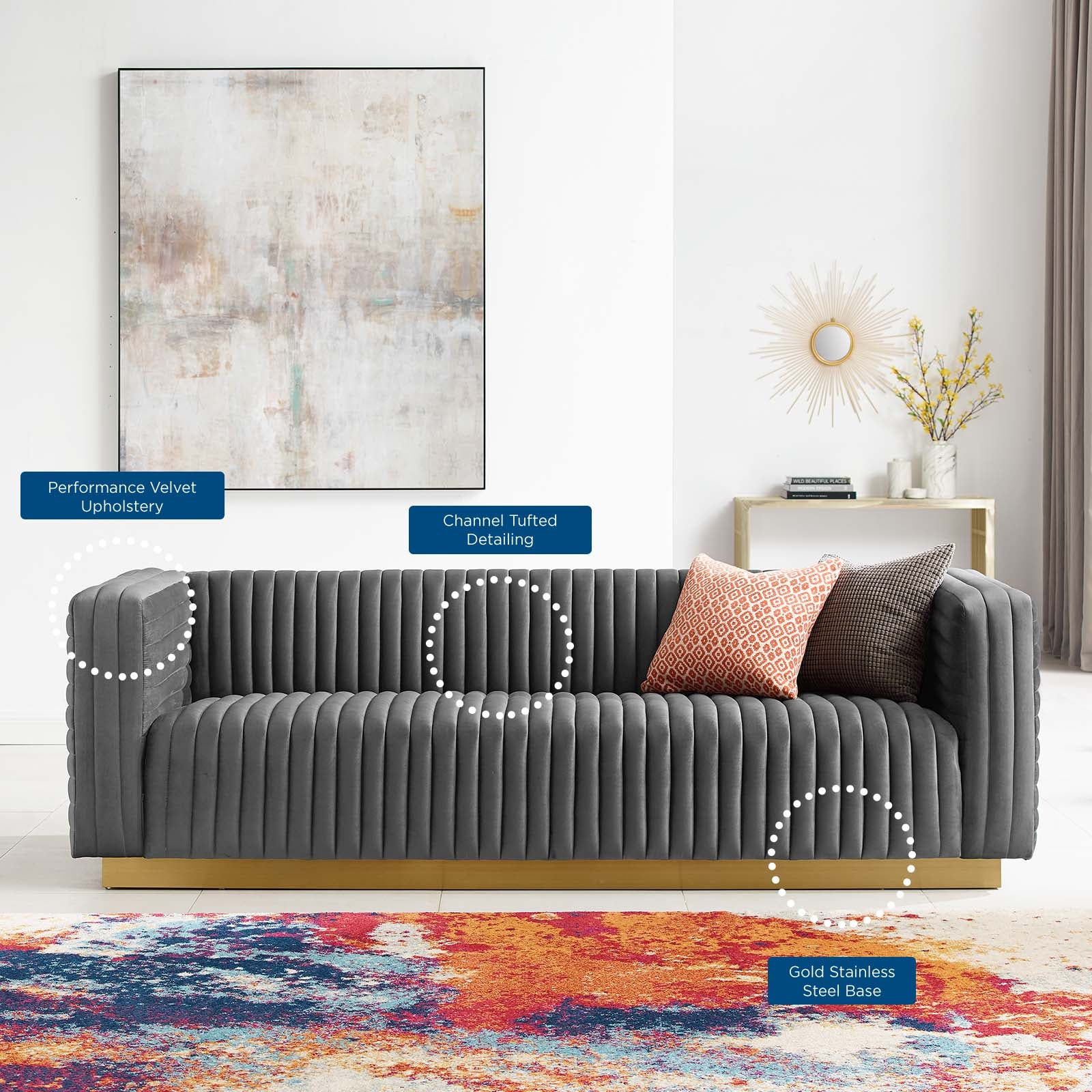 Modway Sofas & Couches - Charisma Channel Tufted Performance Velvet Living Room Sofa Charcoal