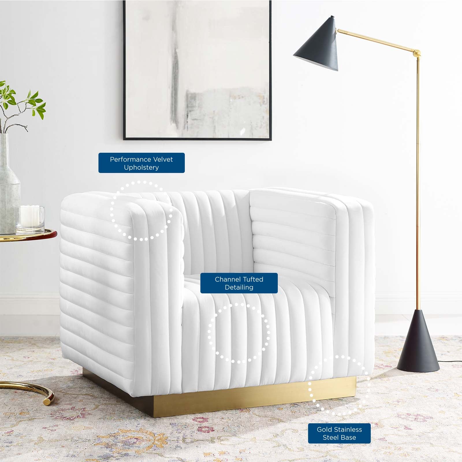 Modway Accent Chairs - Charisma Channel Tufted Performance Velvet Accent Armchair White