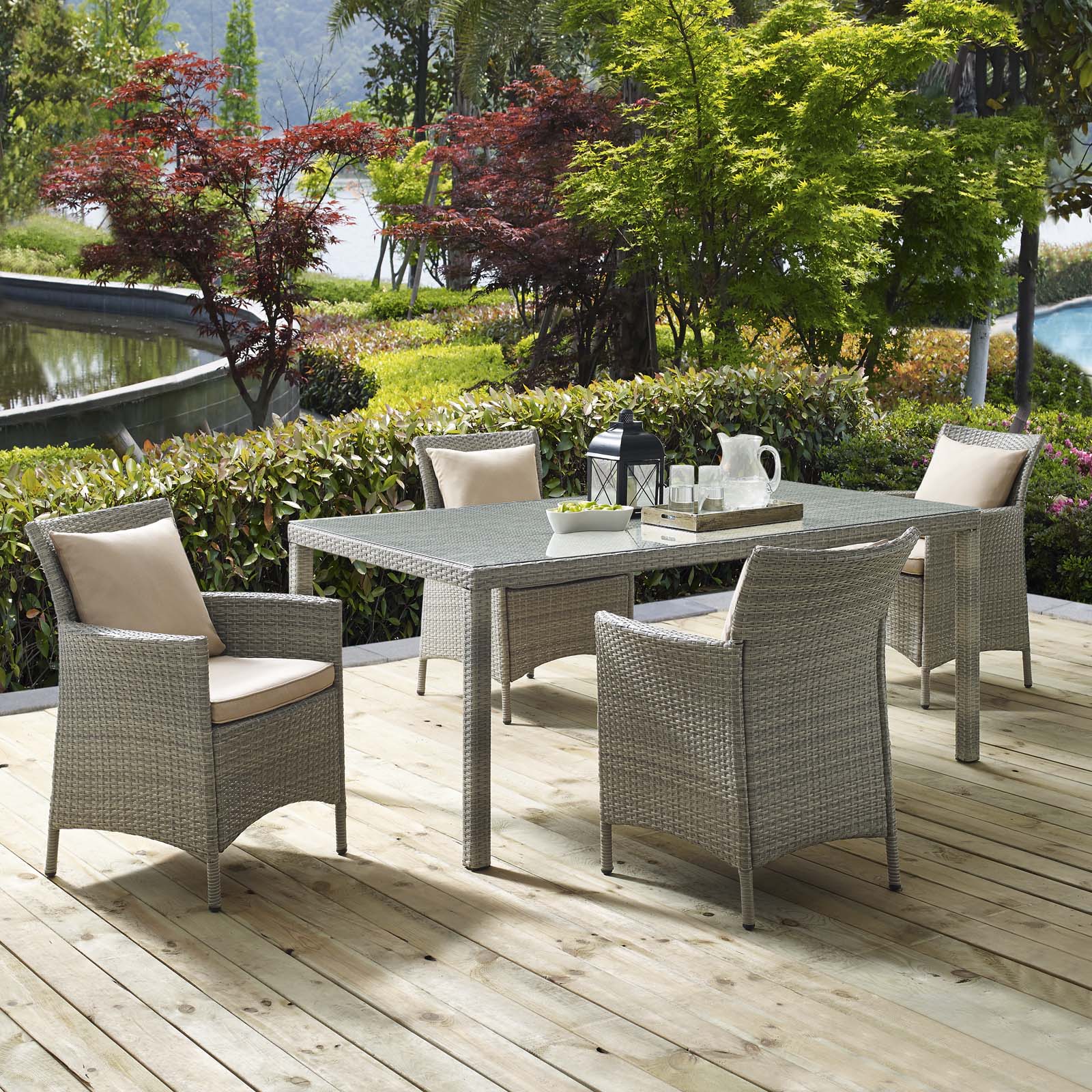 Modway Outdoor Dining Sets - Conduit 5 Piece Outdoor Patio Wicker Rattan Dining Set Light Gray Beige