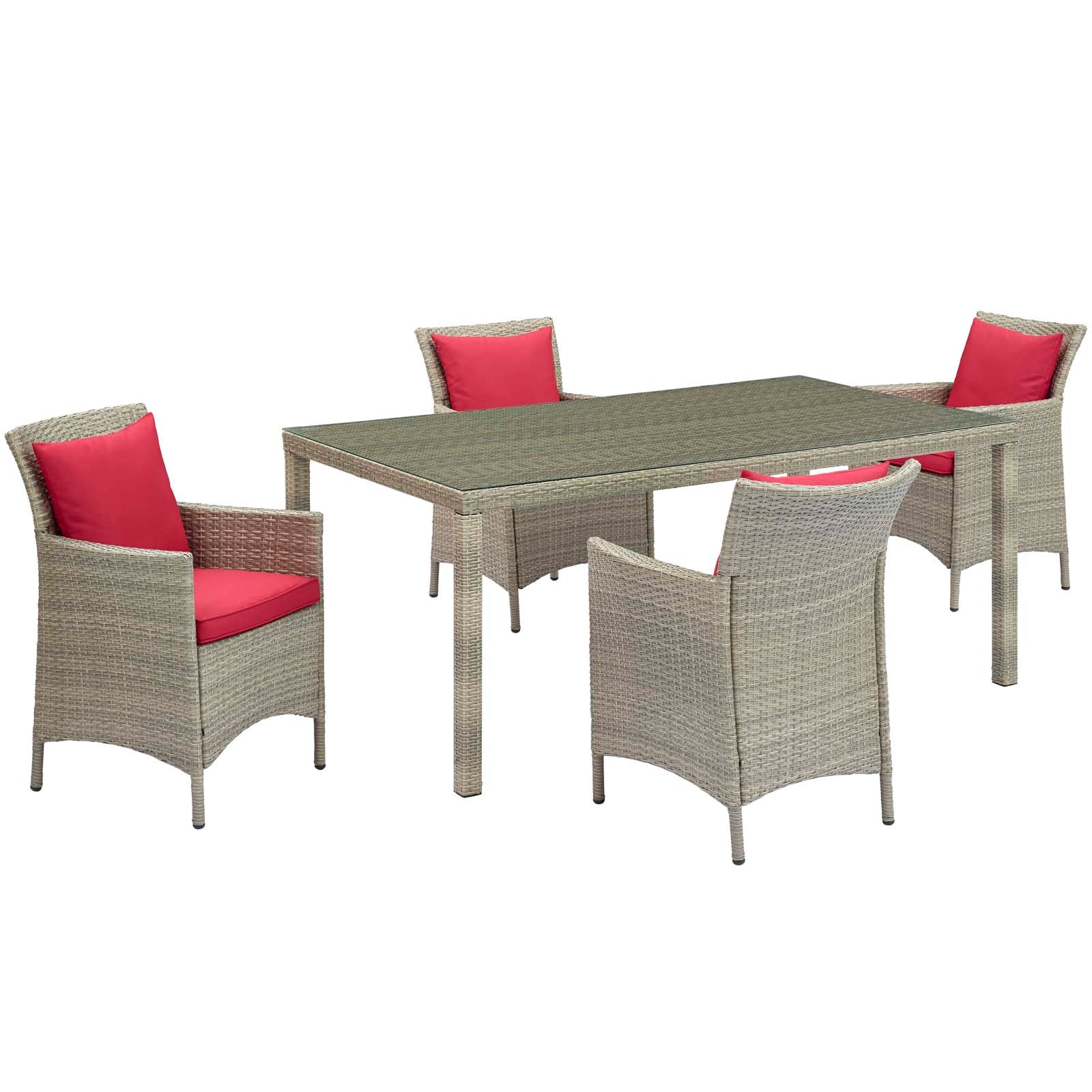 Modway Outdoor Dining Sets - Conduit 5 Piece Outdoor Patio Wicker Rattan Dining Set Light Gray Red