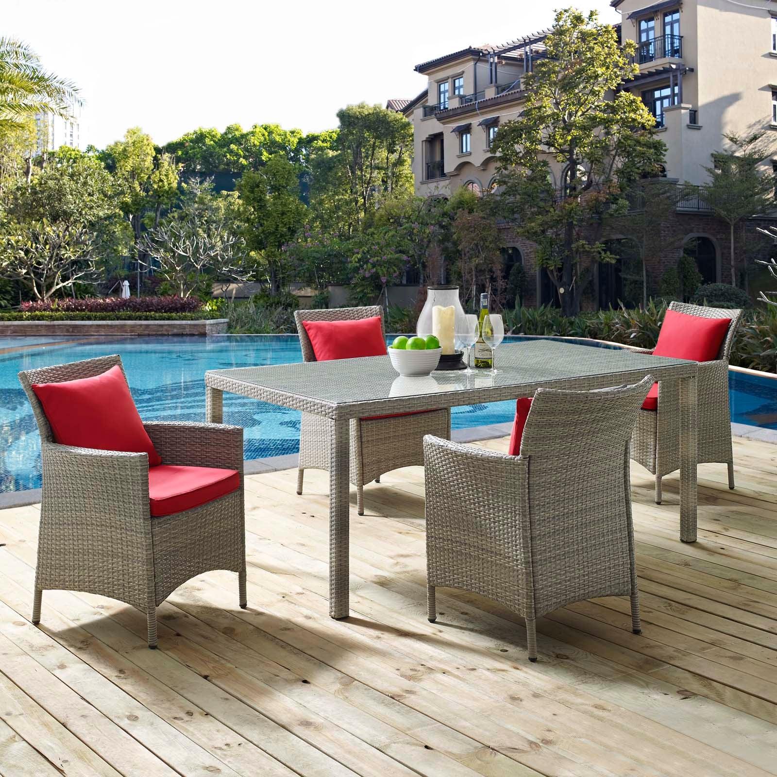 Modway Outdoor Dining Sets - Conduit 5 Piece Outdoor Patio Wicker Rattan Dining Set Light Gray Red