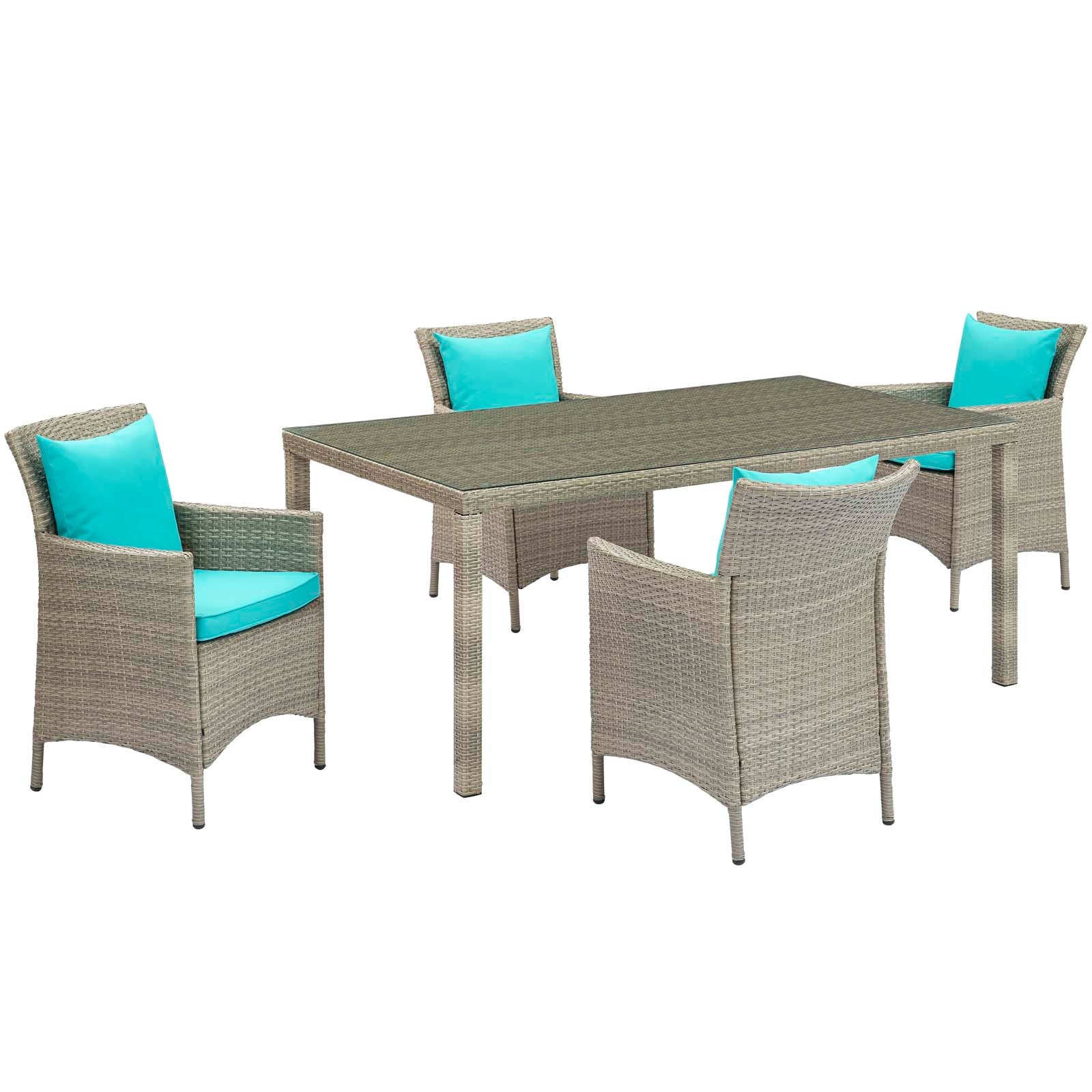Modway Outdoor Dining Sets - Conduit 5 Piece Outdoor Patio Wicker Rattan Dining Set Light Gray Turquoise
