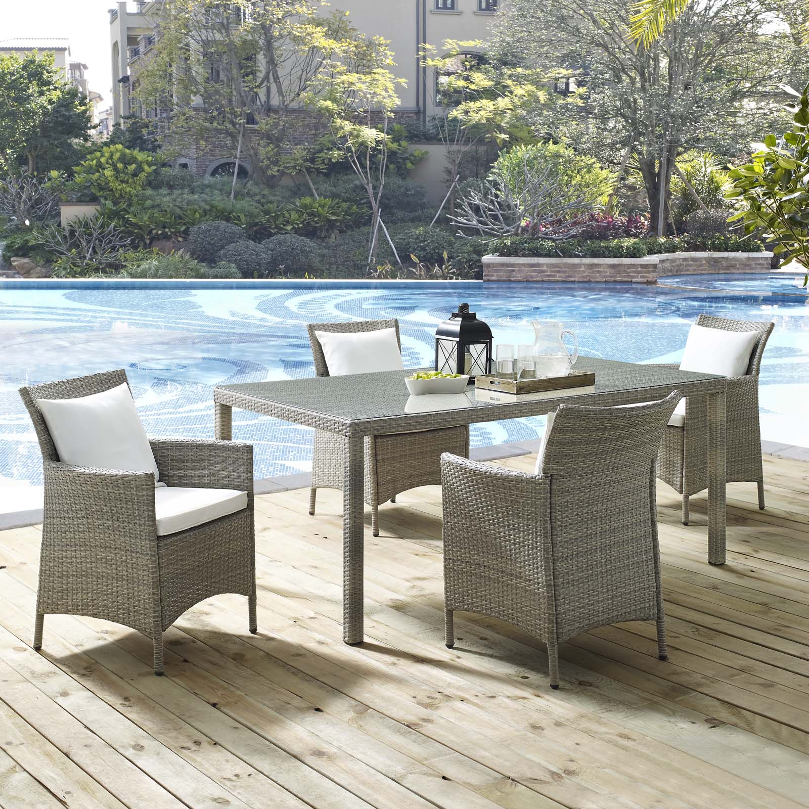 Modway Outdoor Dining Sets - Conduit 5 Piece Outdoor Patio Wicker Rattan Dining Set Light Gray White