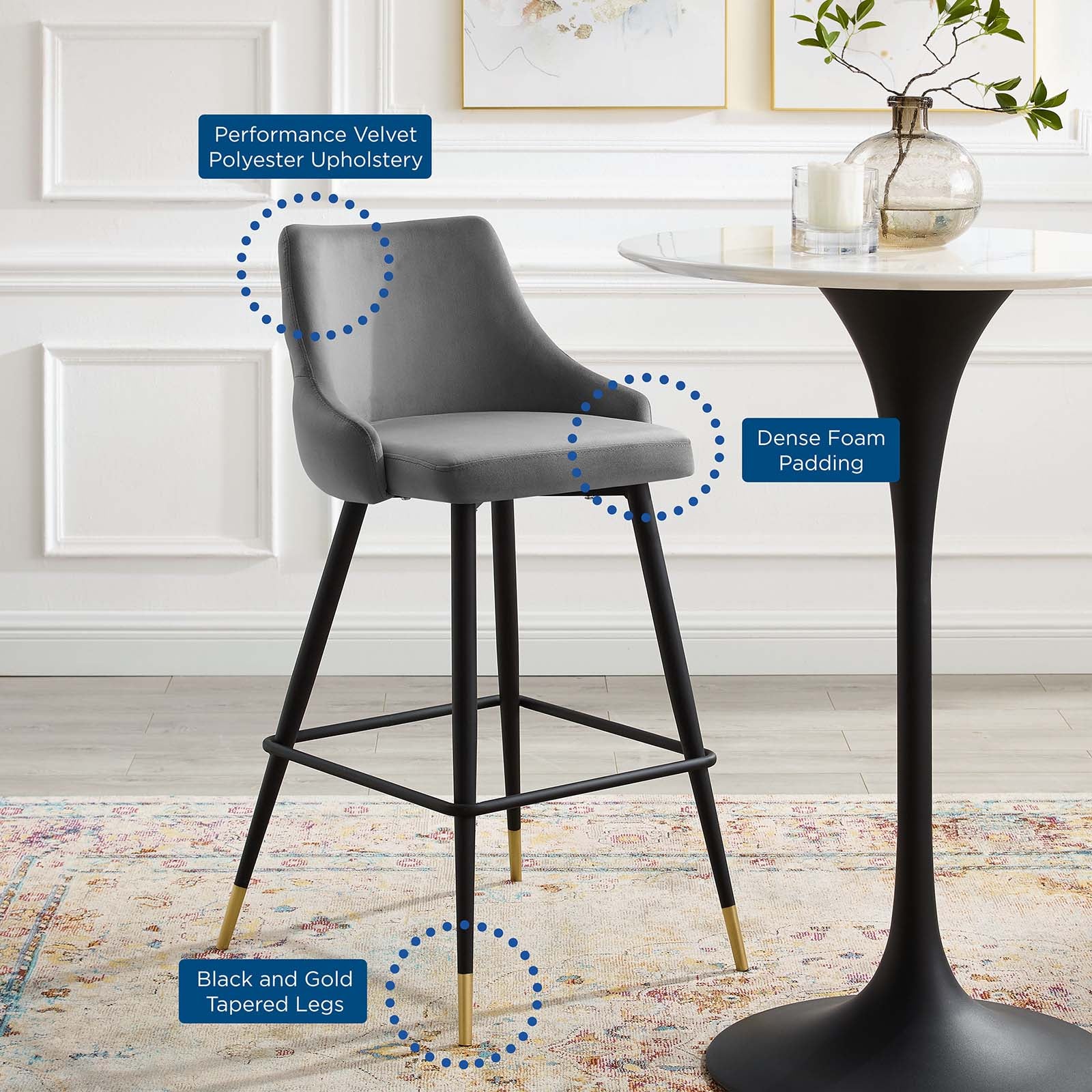 Modway Barstools - Adorn Performance Velvet Bar Stool Gray