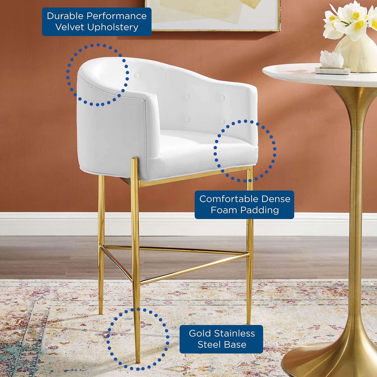 Savour Tufted Performance Velvet Bar Stool White