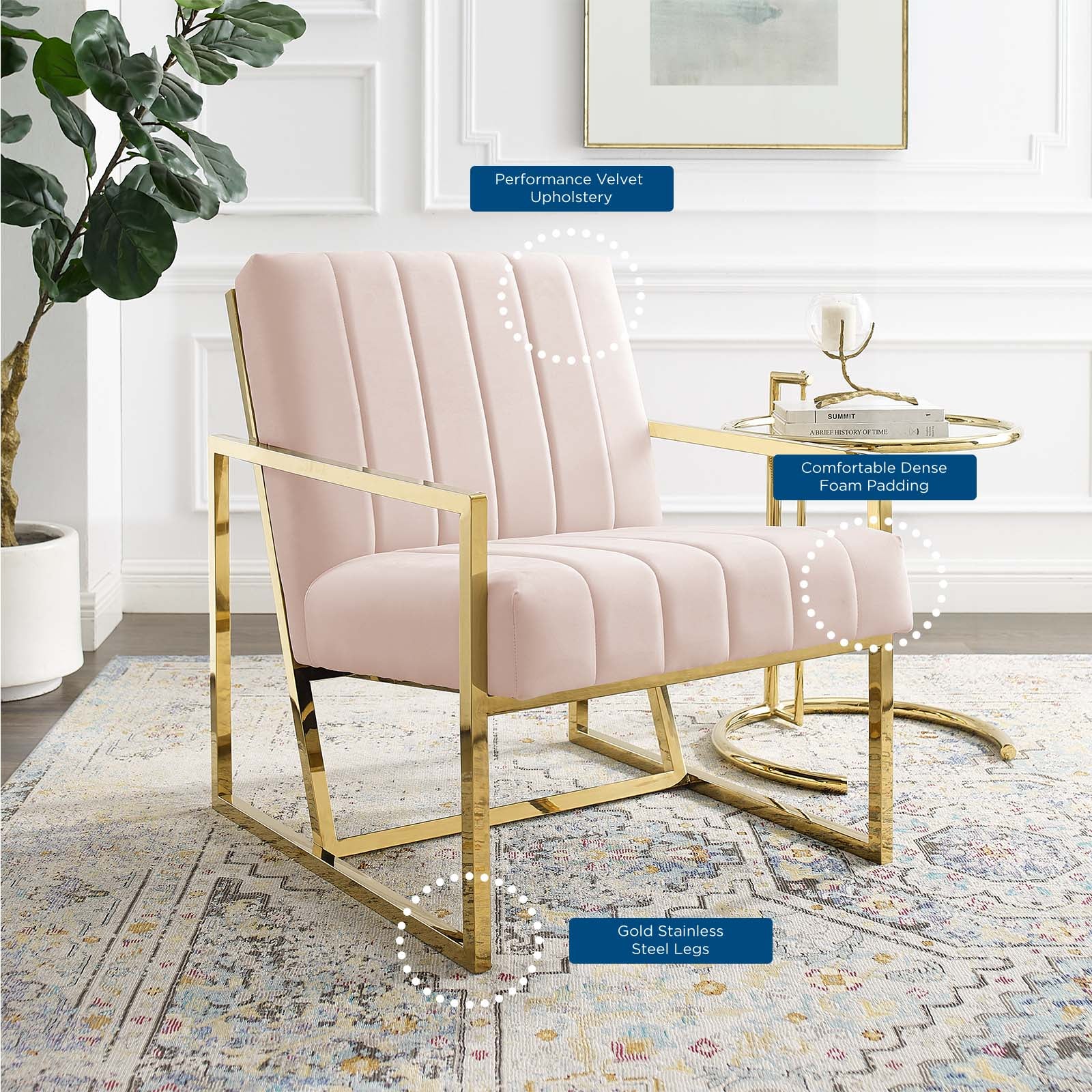 Inspire Channel Tufted Performance Velvet Armchair Pink