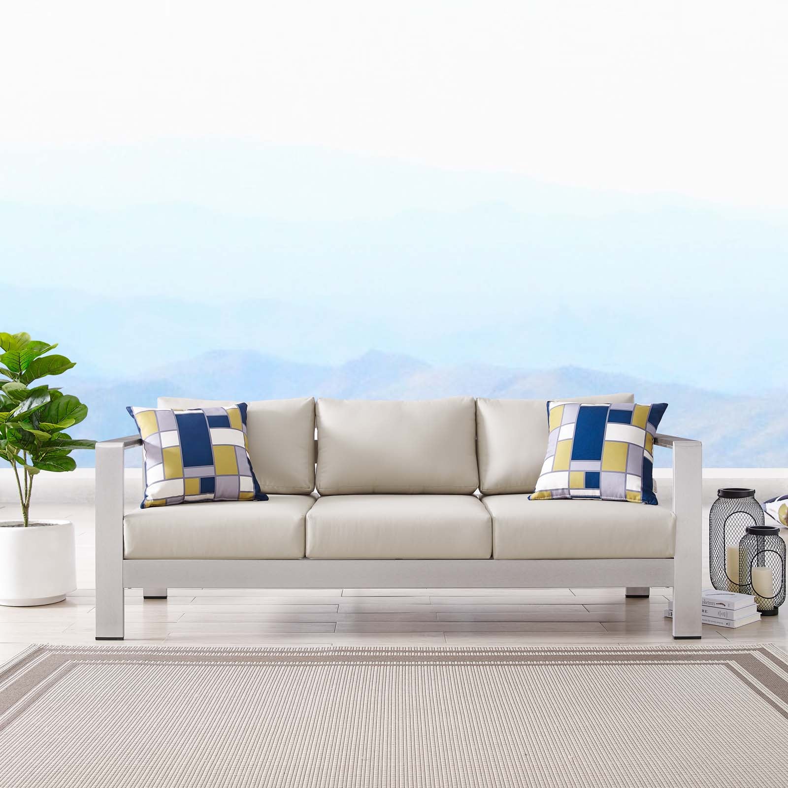 Modway Outdoor Sofas - Shore Outdoor Patio Aluminum Sofa Silver Beige