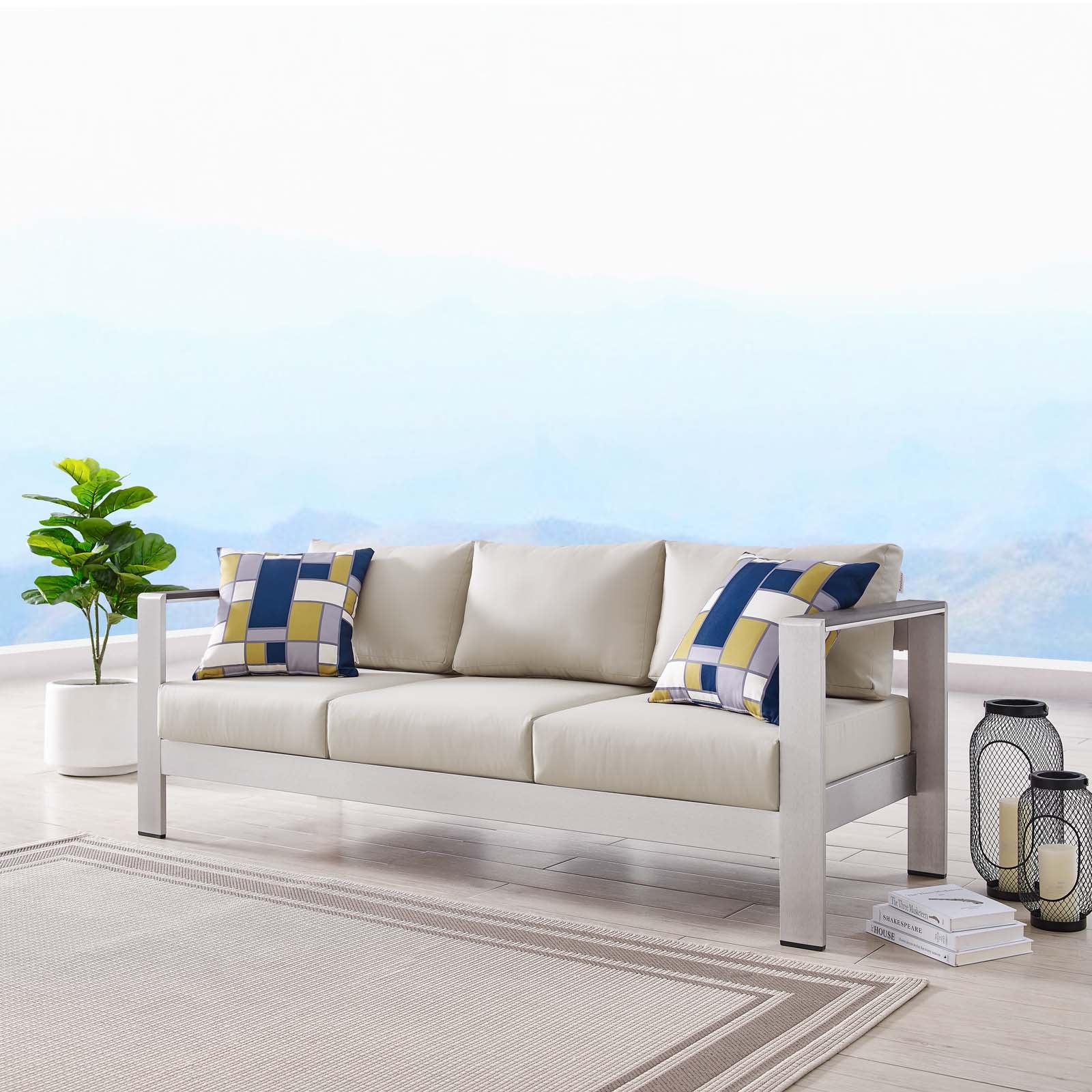 Modway Outdoor Sofas - Shore Outdoor Patio Aluminum Sofa Silver Beige