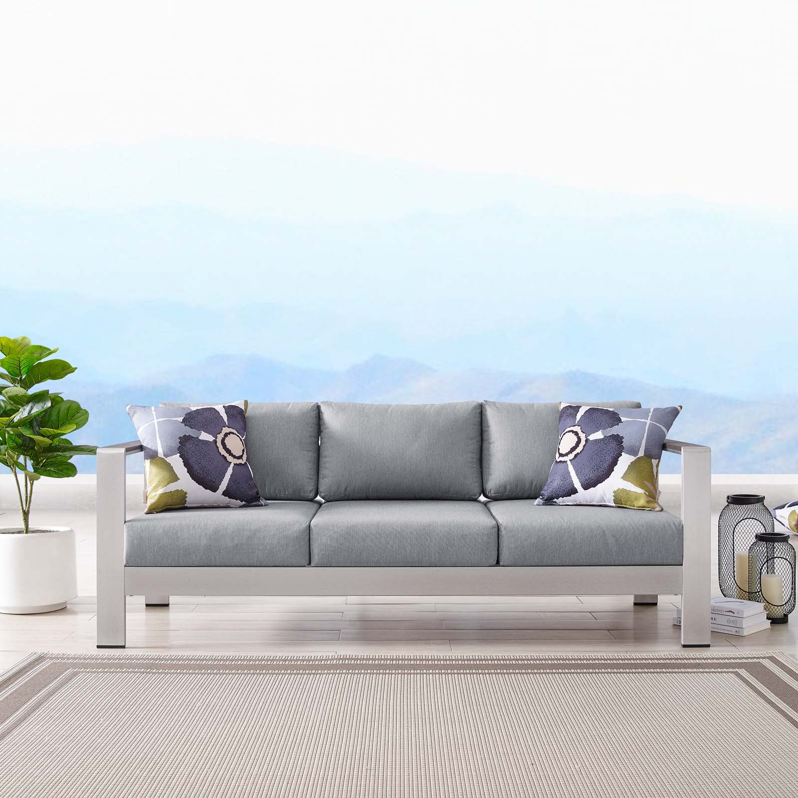 Modway Outdoor Sofas - Shore Outdoor Patio Aluminum Sofa Silver Gray