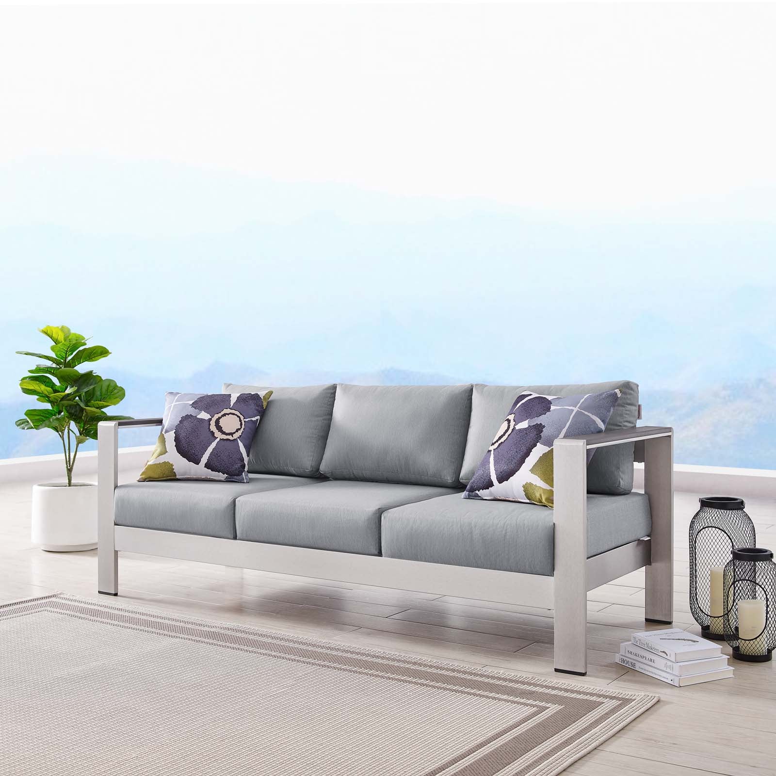 Modway Outdoor Sofas - Shore Outdoor Patio Aluminum Sofa Silver Gray