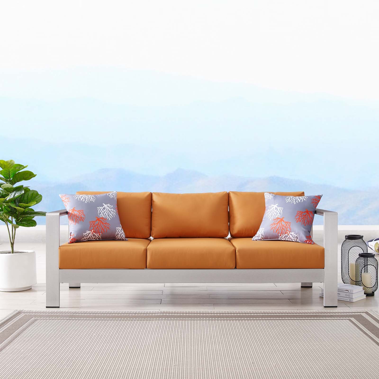 Modway Outdoor Sofas - Shore Outdoor Patio Aluminum Sofa Silver Orange