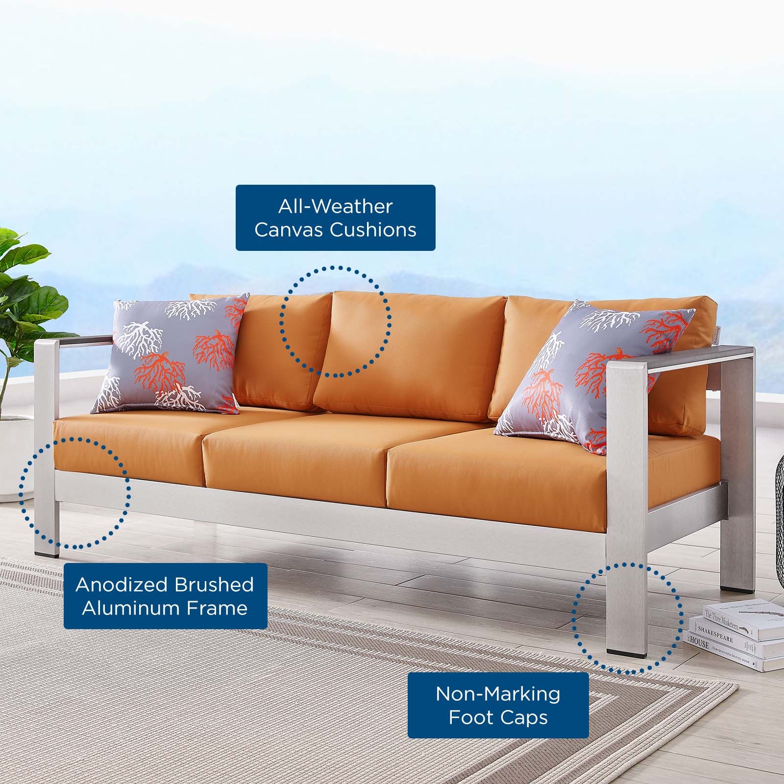 Modway Outdoor Sofas - Shore Outdoor Patio Aluminum Sofa Silver Orange