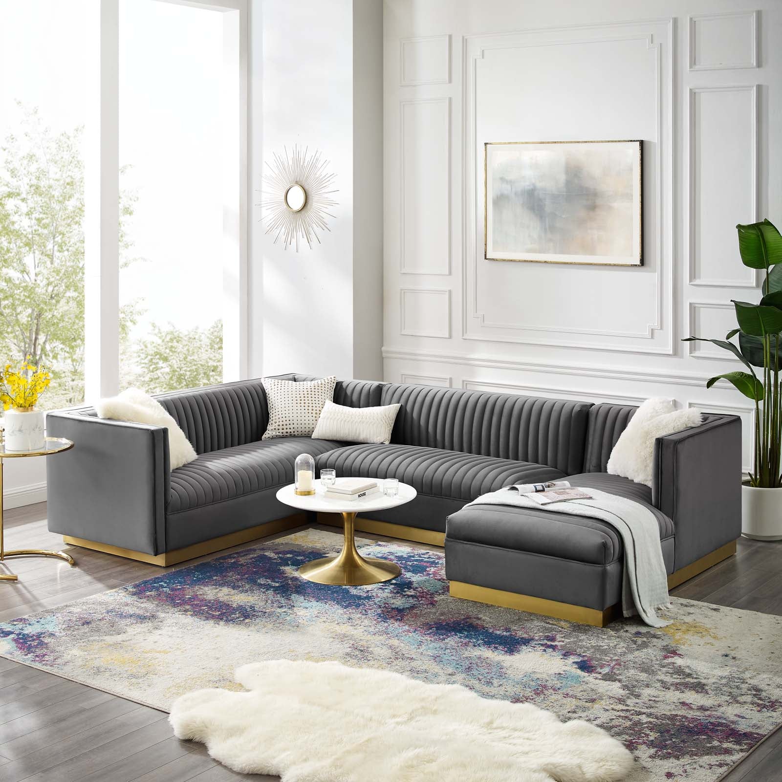 Modway Sectional Sofas - Sanguine 3 Piece Performance Velvet Sectional Sofa Set Gray