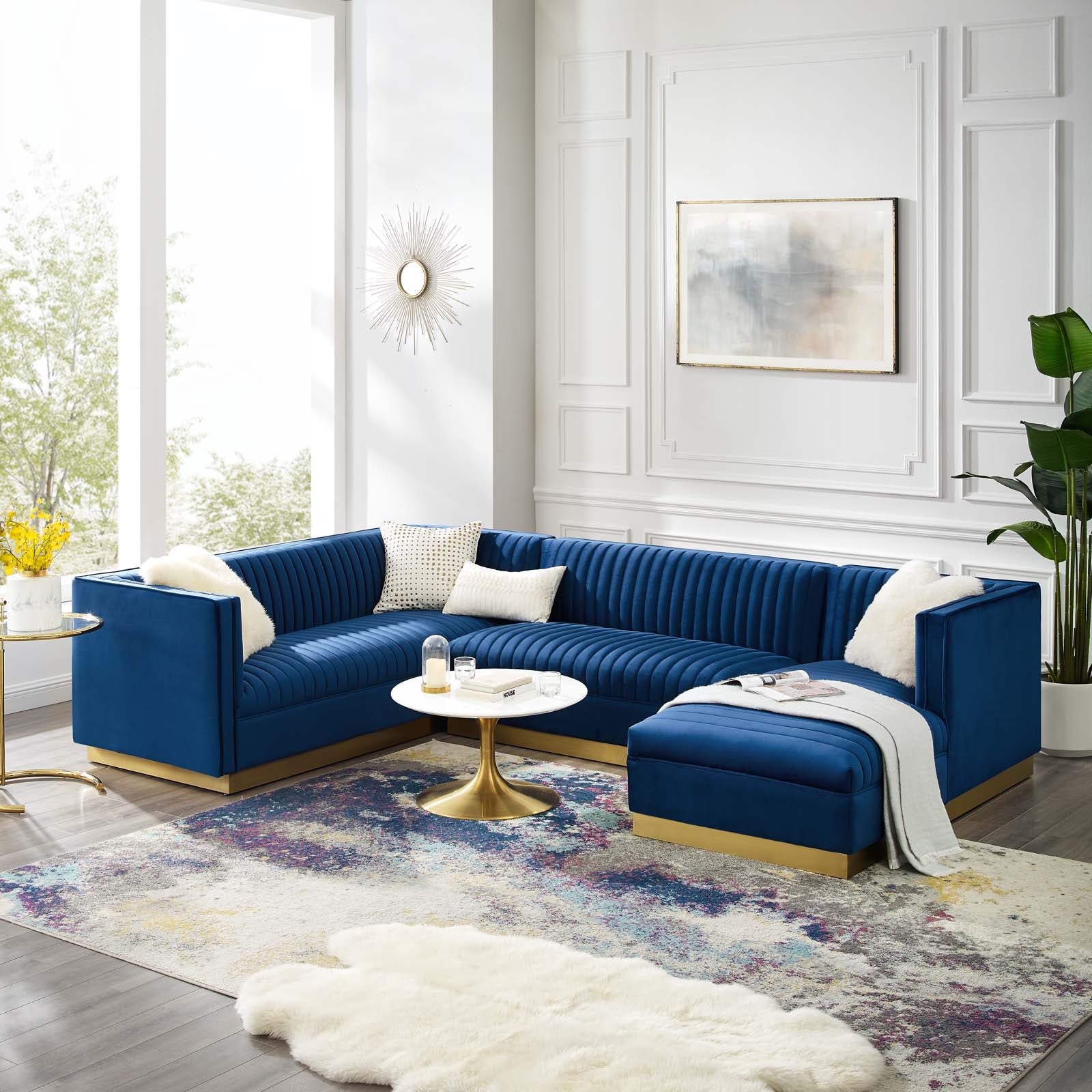 Modway Sectional Sofas - Sanguine 3 Piece Performance Velvet Sectional Sofa Set Navy